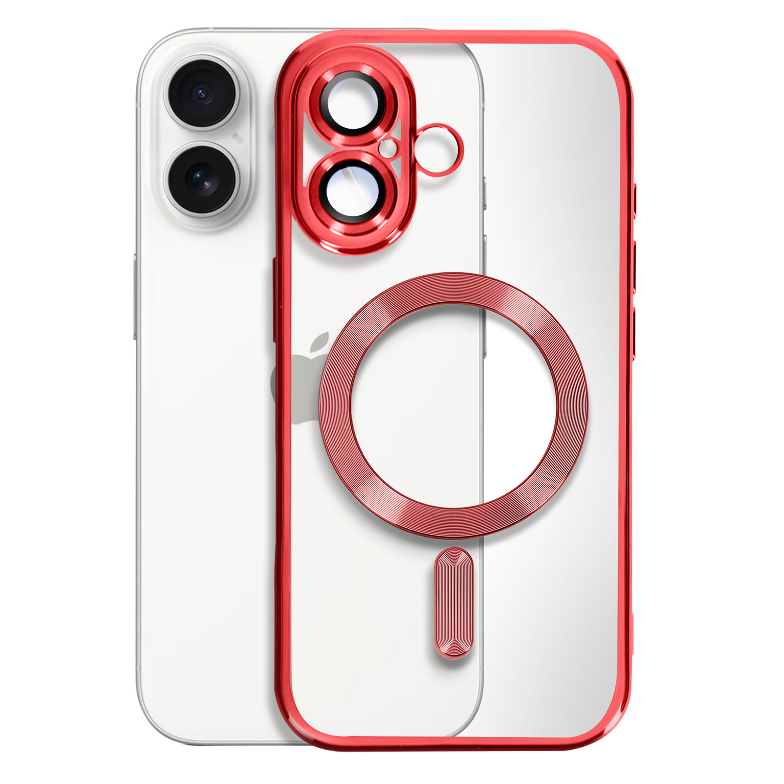 Una custodia rossa per iPhone con protezione per l'obiettivo e un iPhone bianco.