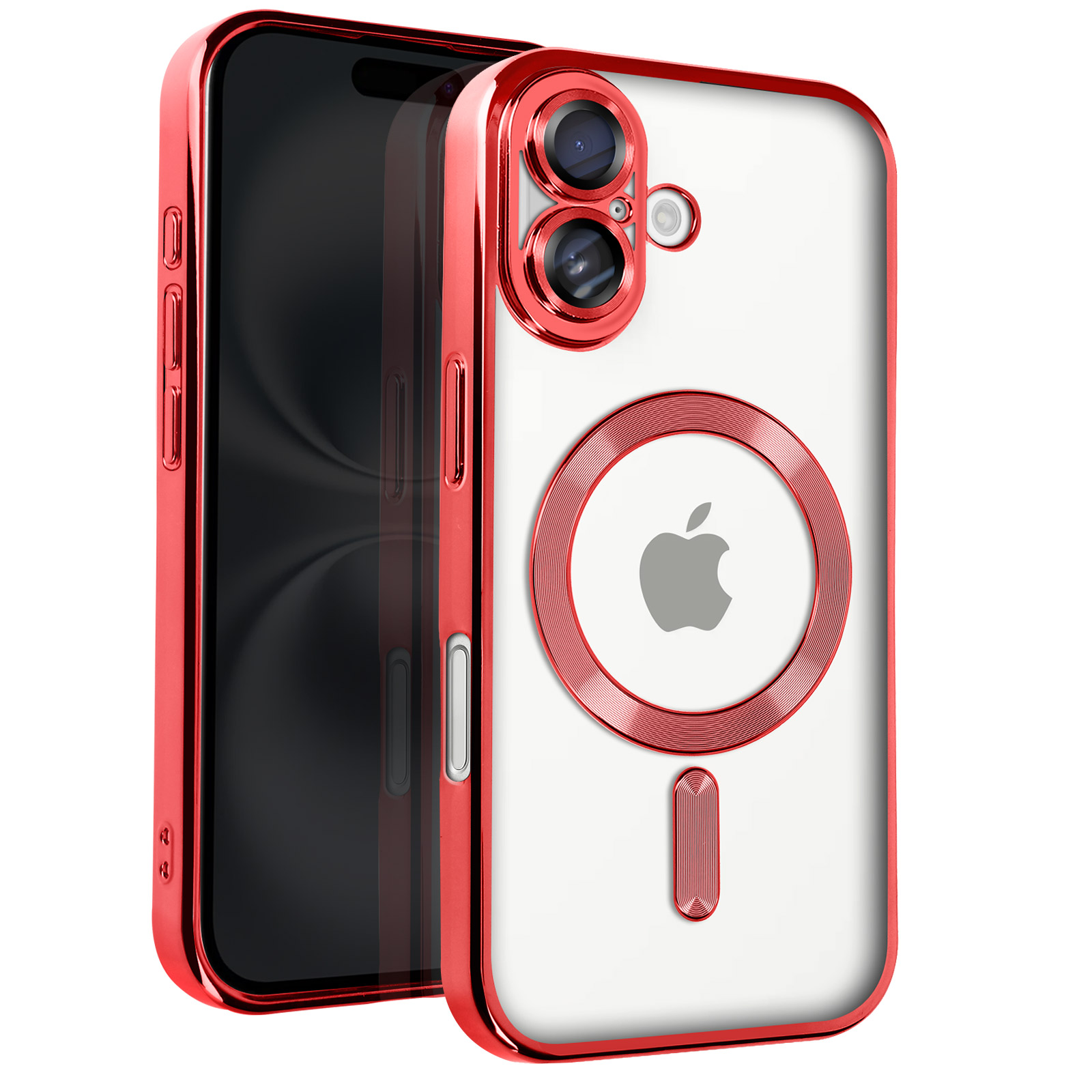 Custodia rossa per telefono con cornice rossa e retro trasparente. Lenti della fotocamera.