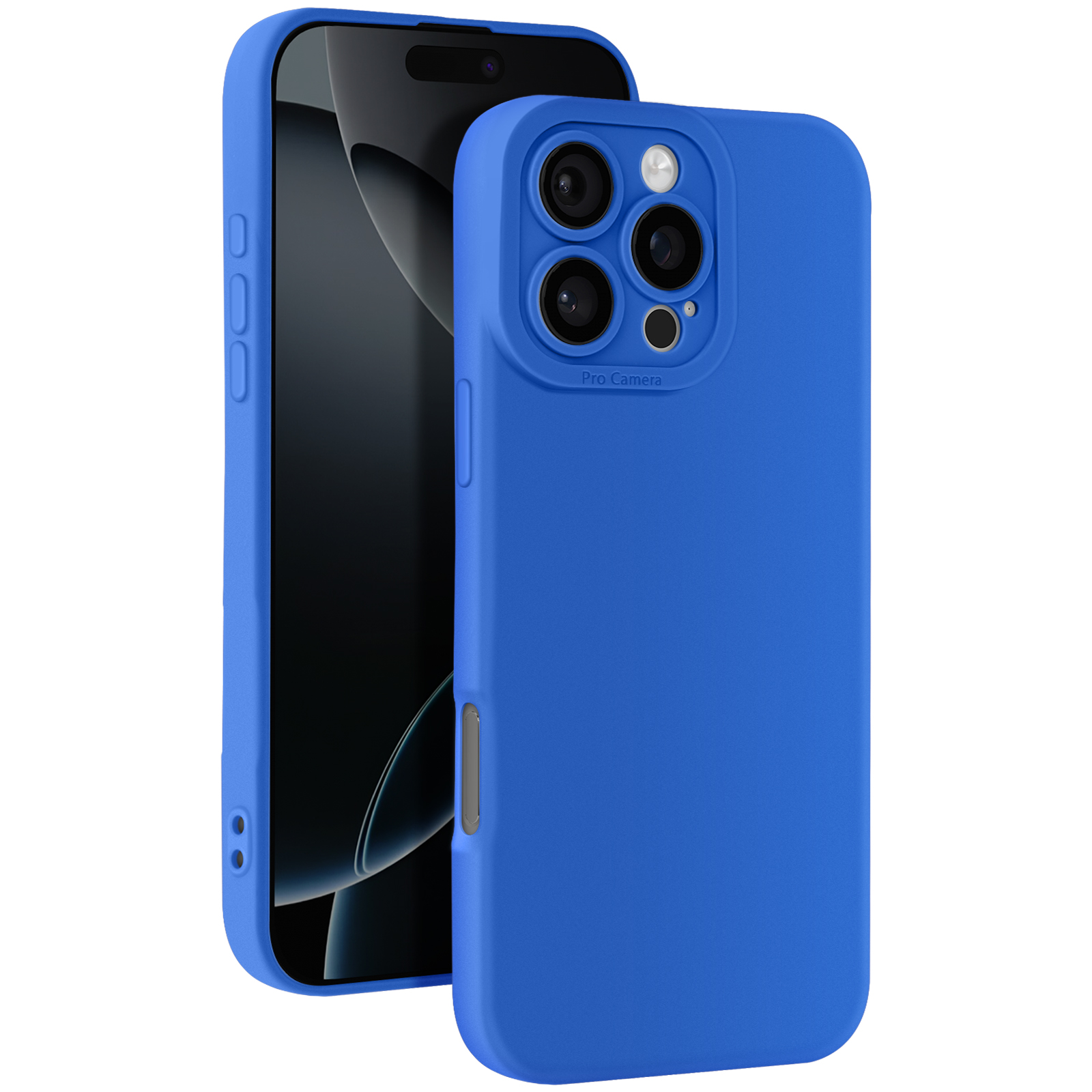 Custodia blu su un telefono, che mostra gli obiettivi, sfondo bianco.
