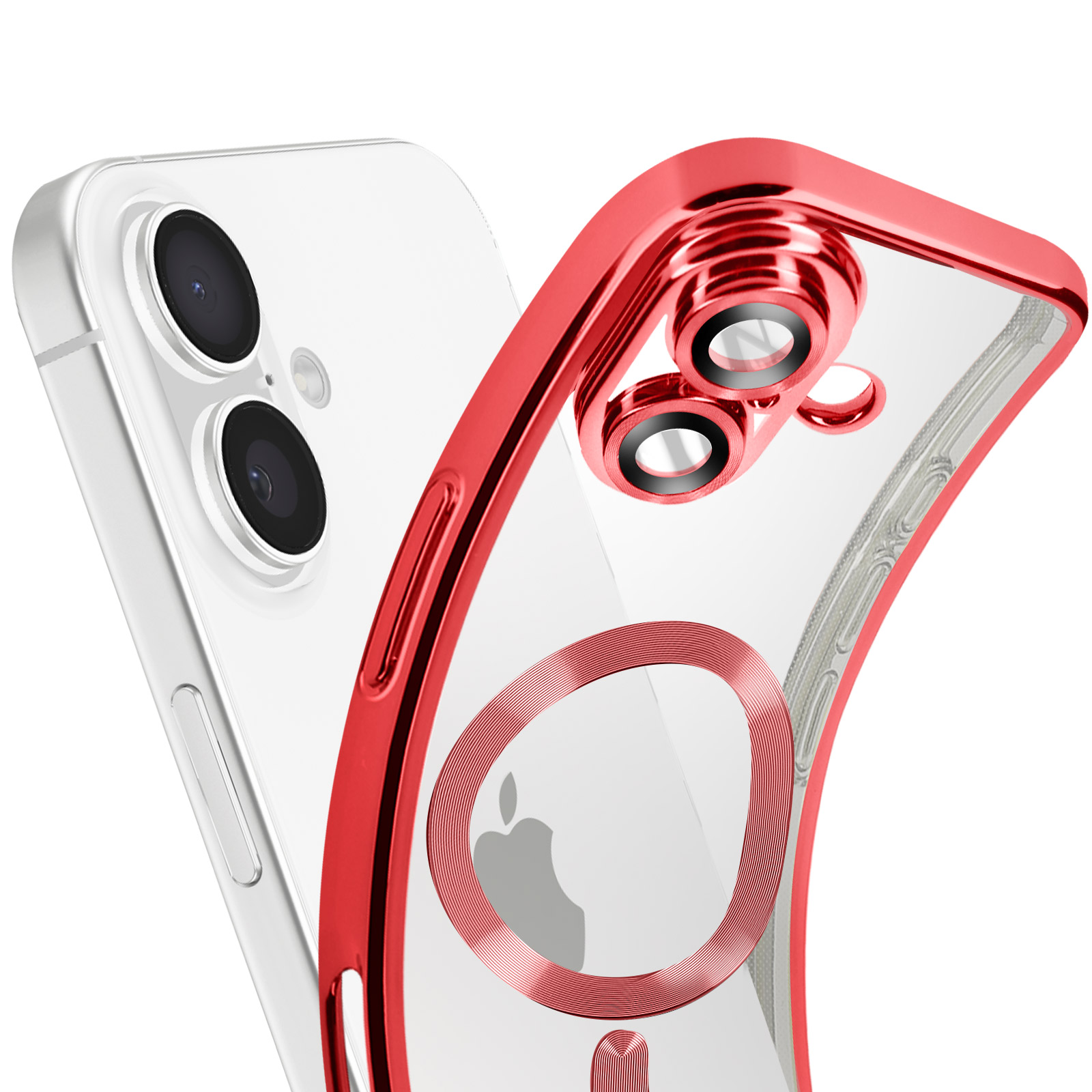 Primo piano di una custodia rossa per iPhone con protezione per l'obiettivo, mostrando un iPhone bianco.
