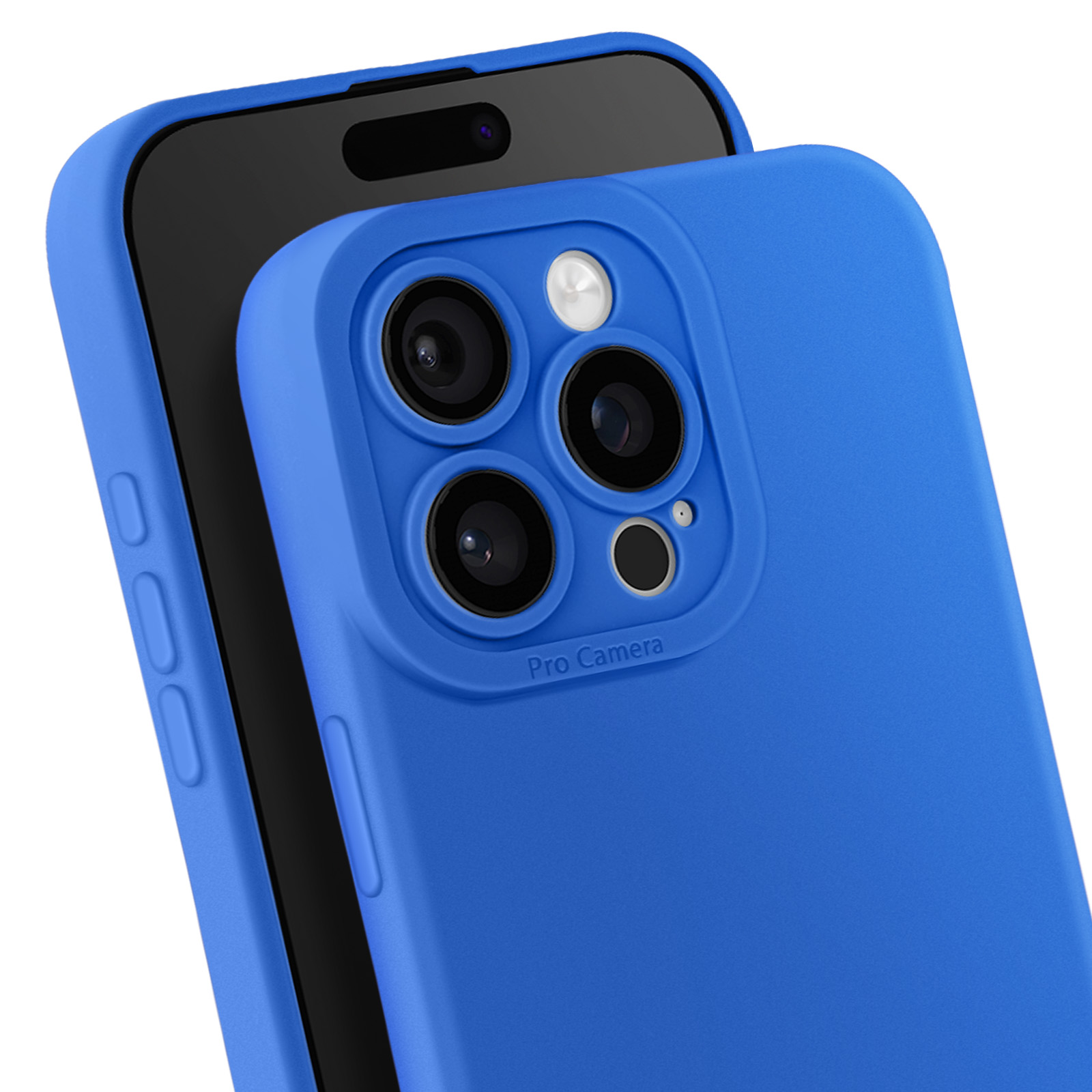 Custodia blu su un telefono, che mostra gli obiettivi, etichetta Pro Camera.