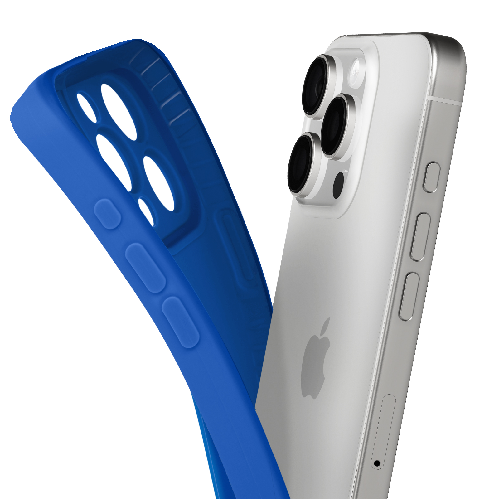 Custodia blu per telefono con un design aperto. La parte posteriore di un telefono argento con logo Apple.