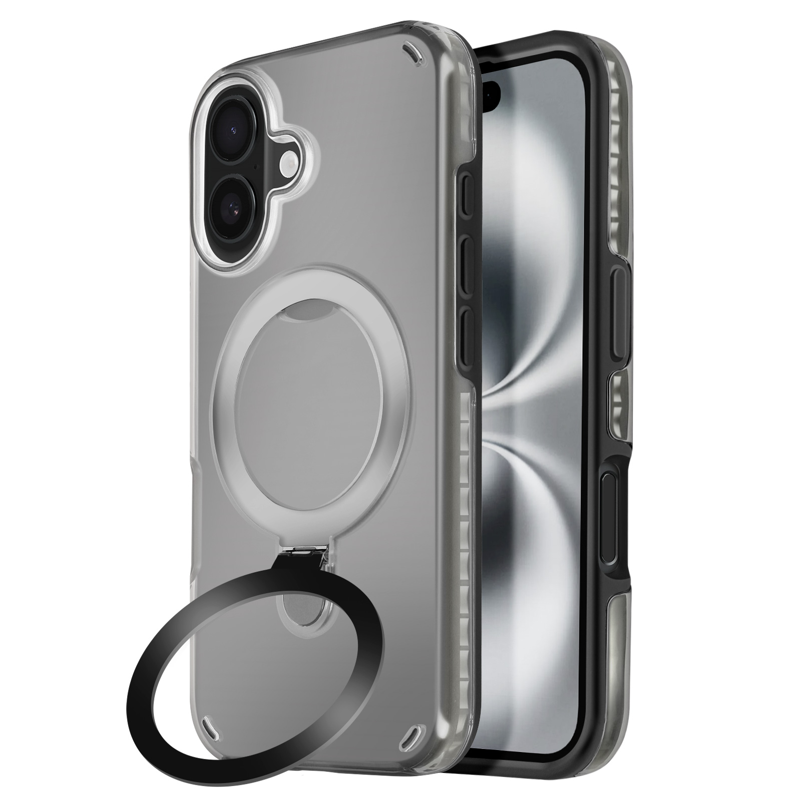 Custodia trasparente con supporto ad anello con telefono all'interno. Schermo visibile.