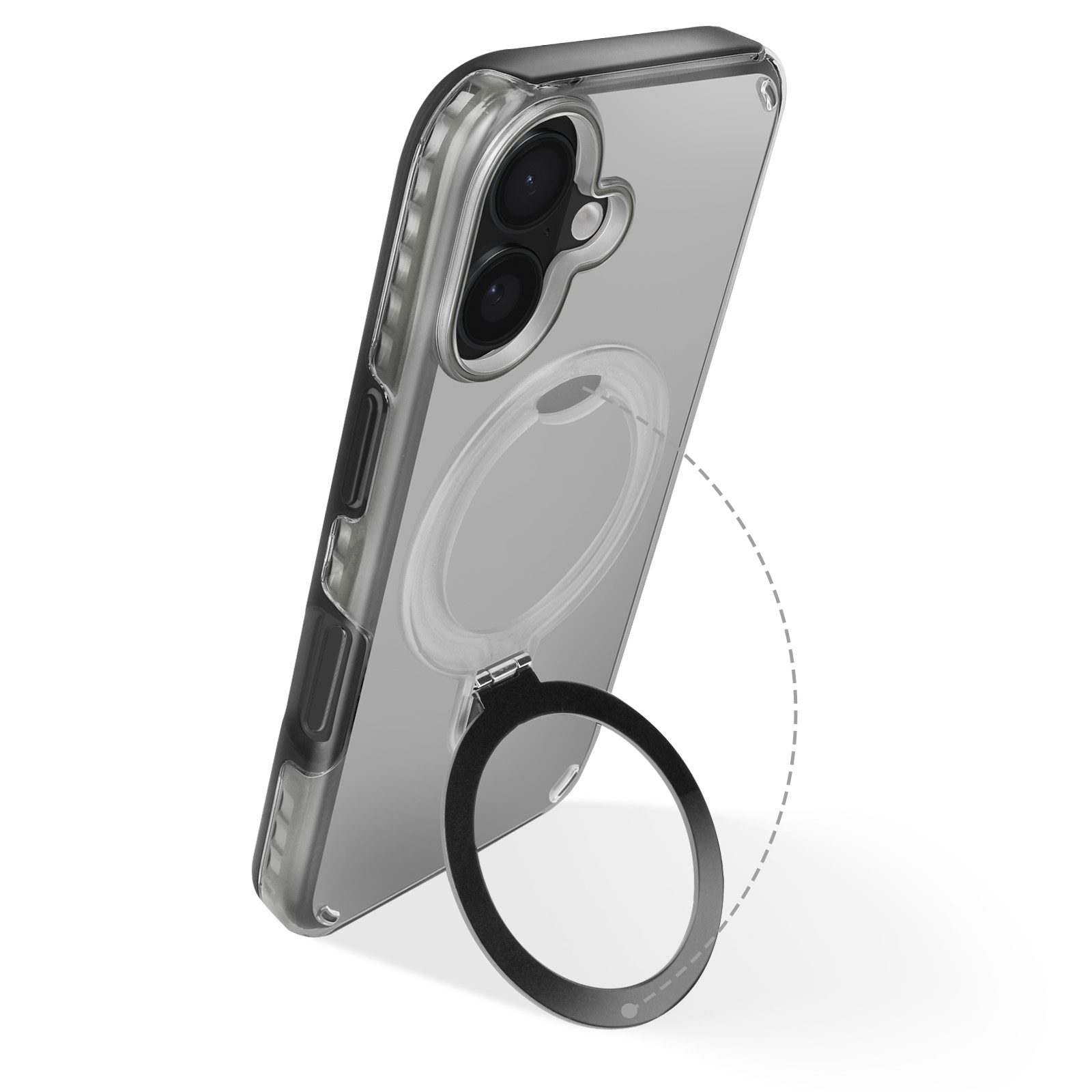 Una custodia trasparente per telefono con supporto ad anello. Il telefono è angolato.