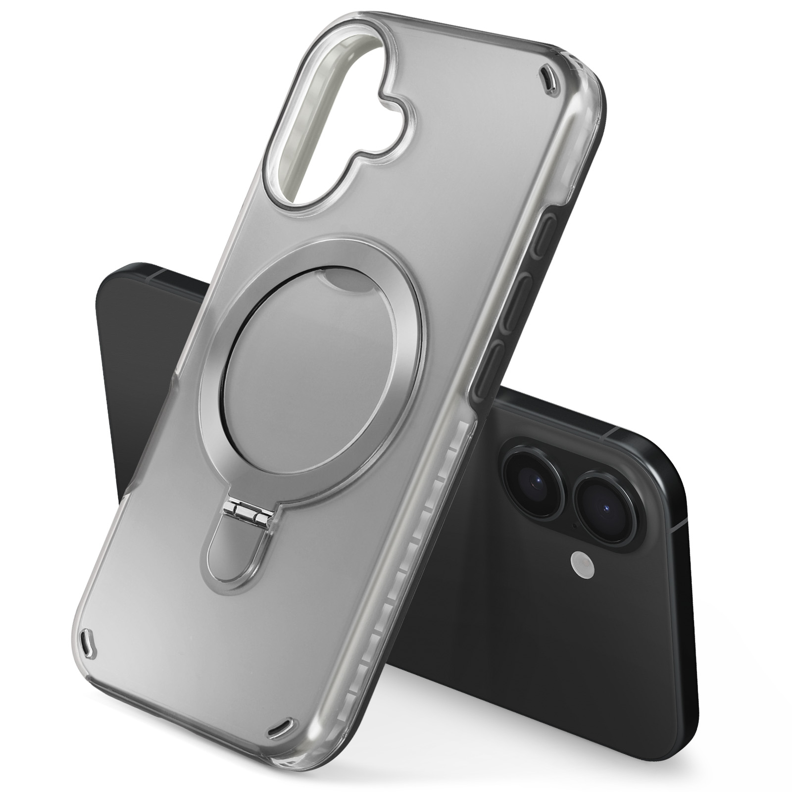 Custodia trasparente con anello e telefono dietro. Anello argentato sulla custodia. Telefono nero.
