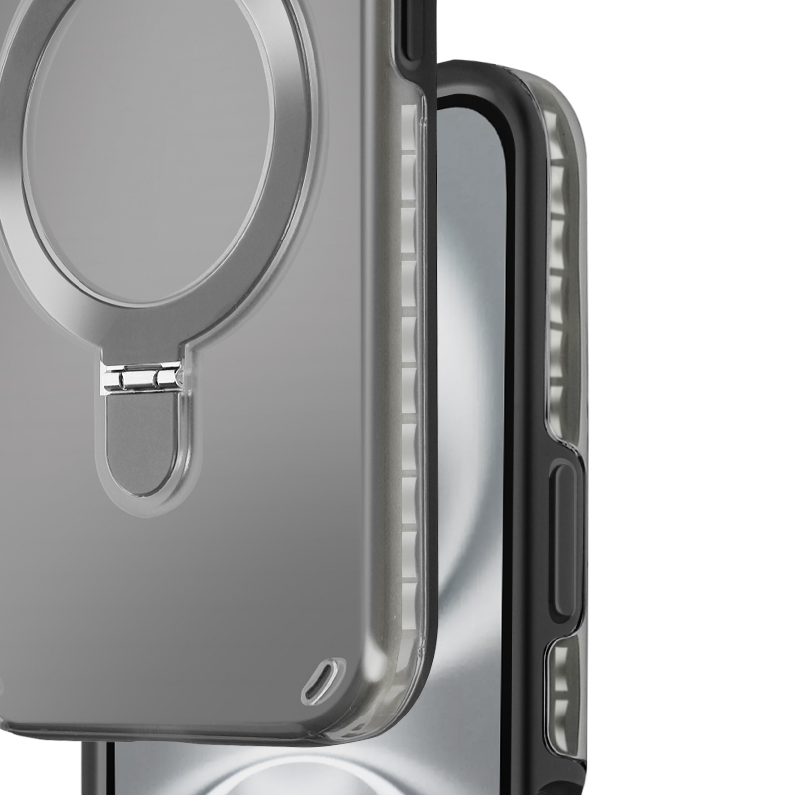 Primo piano di una custodia per telefono con un anello. Custodia grigia con bordo nero del telefono.