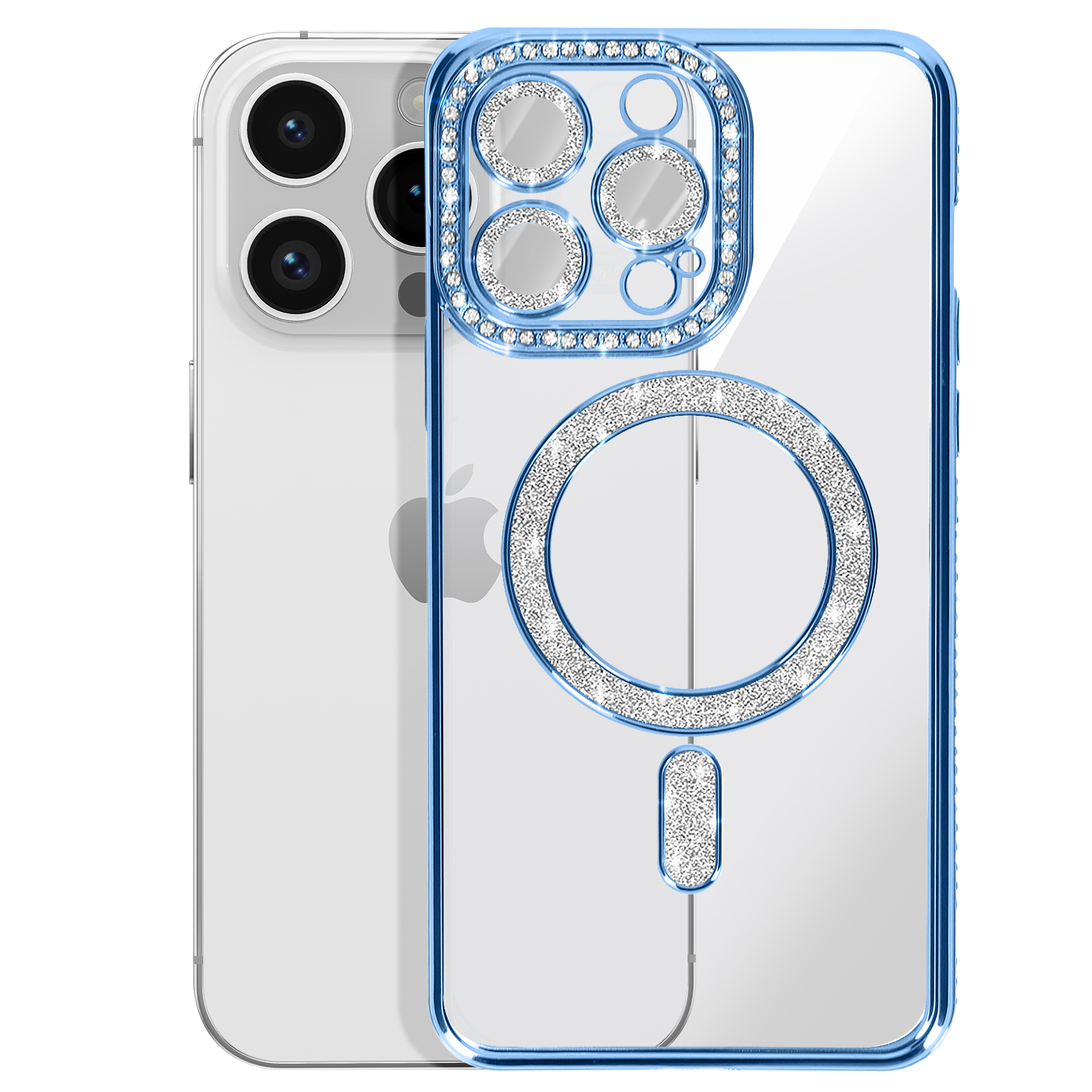 Telefono con una custodia blu con gemme intorno alla fotocamera e un cerchio bianco. Telefono bianco dietro.