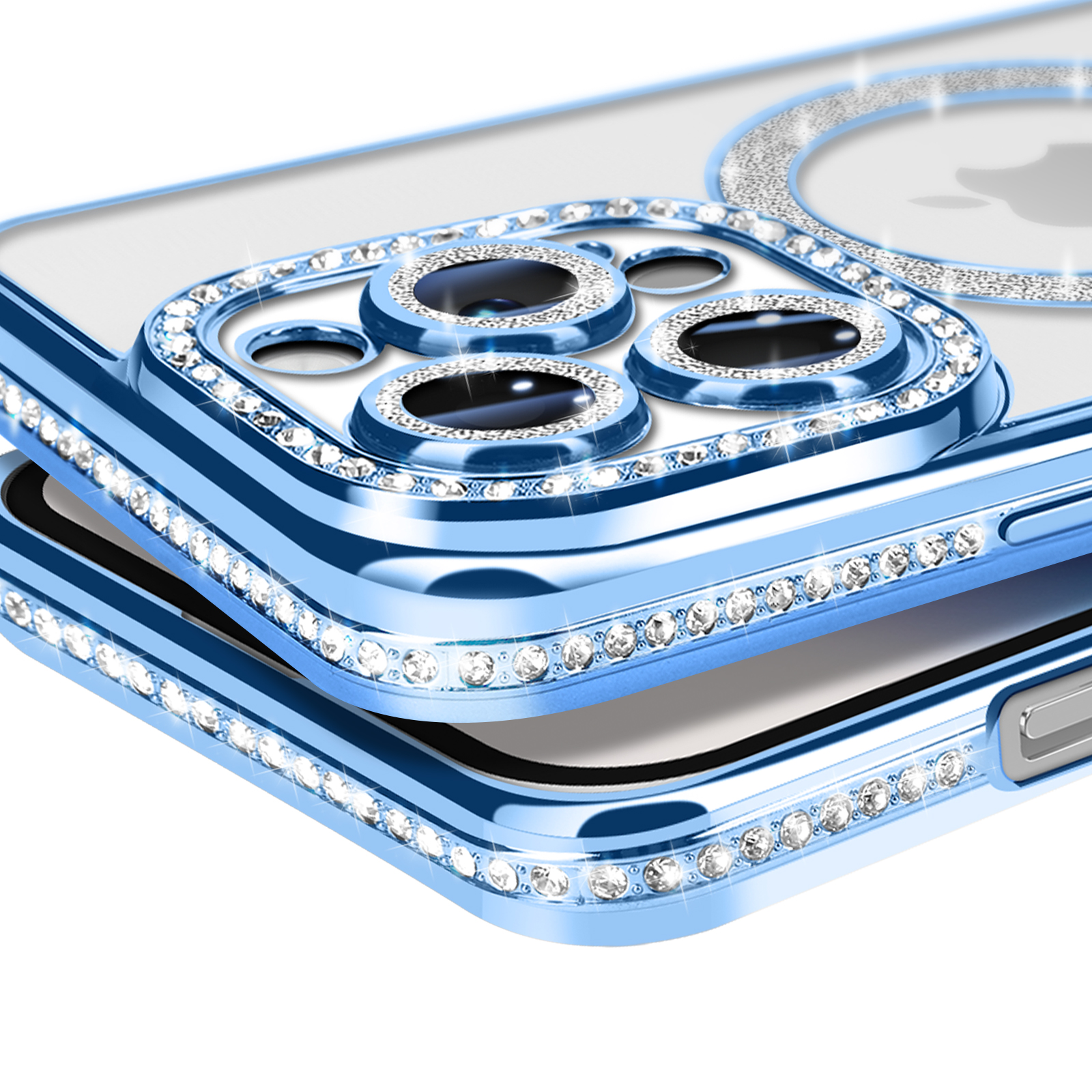 Primo piano di custodia blu e argento con strass. Le lenti della fotocamera sono visibili.