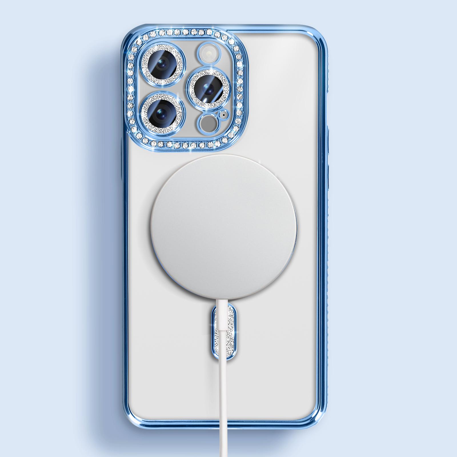 Custodia per telefono con gemme attorno alla fotocamera e un cerchio bianco. Cavo bianco e custodia blu.