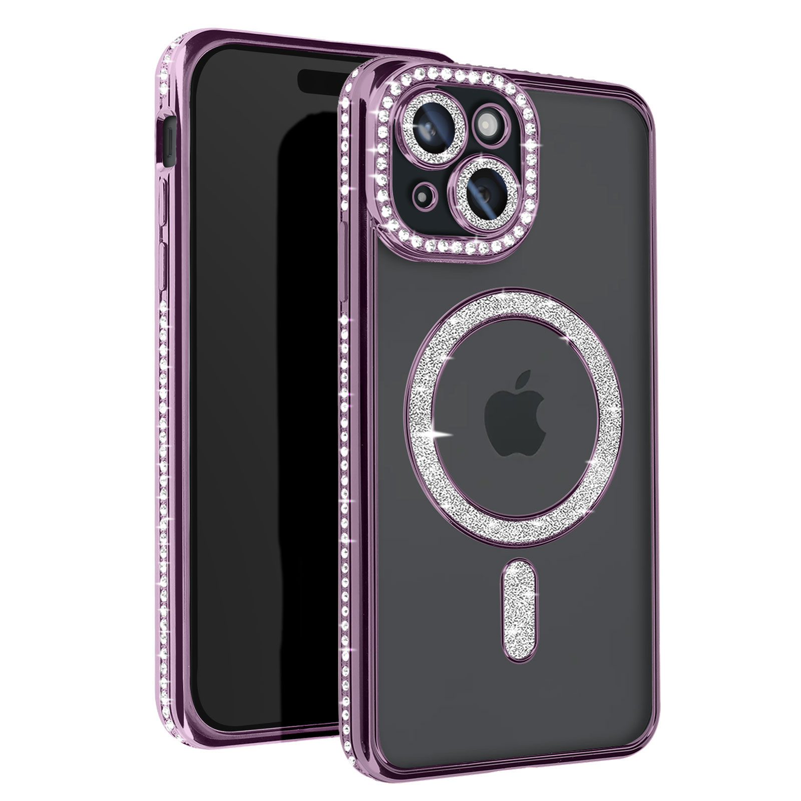 Un telefono in una custodia viola con strass e un anello d'argento.