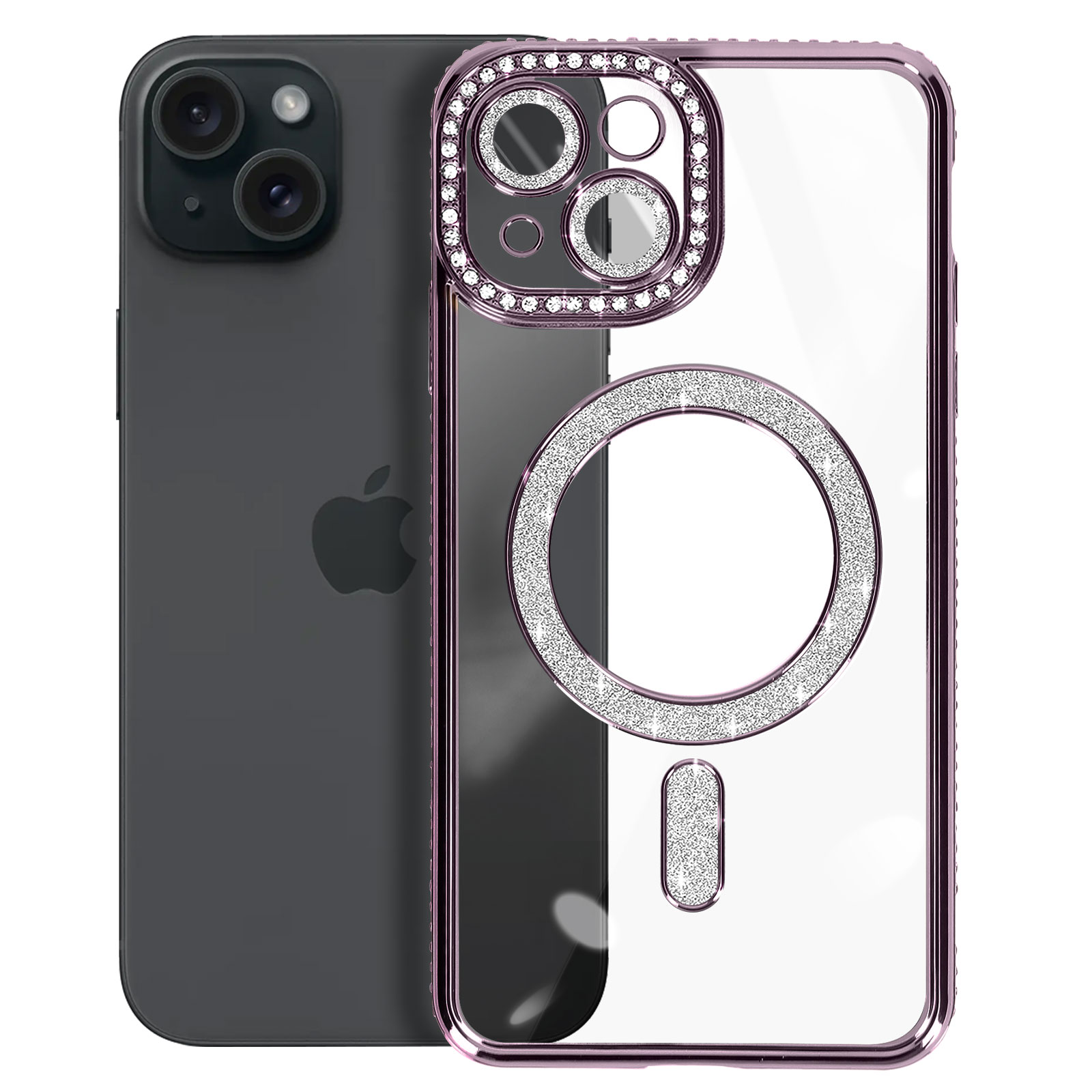 Telefono con una custodia viola con gemme intorno alla fotocamera e un cerchio bianco. Telefono viola dietro.