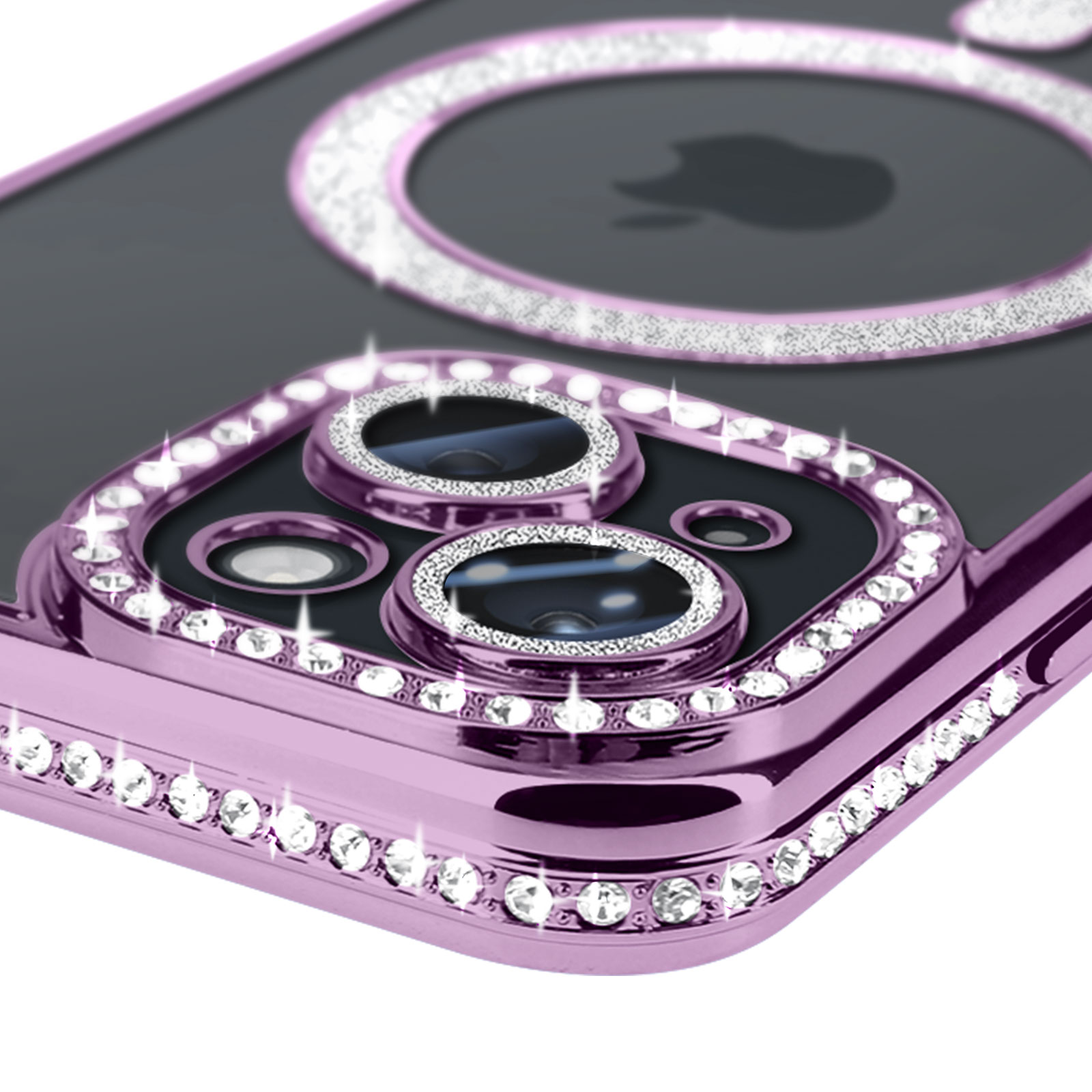 Un primo piano di una custodia per telefono viola con strass e un anello d'argento.