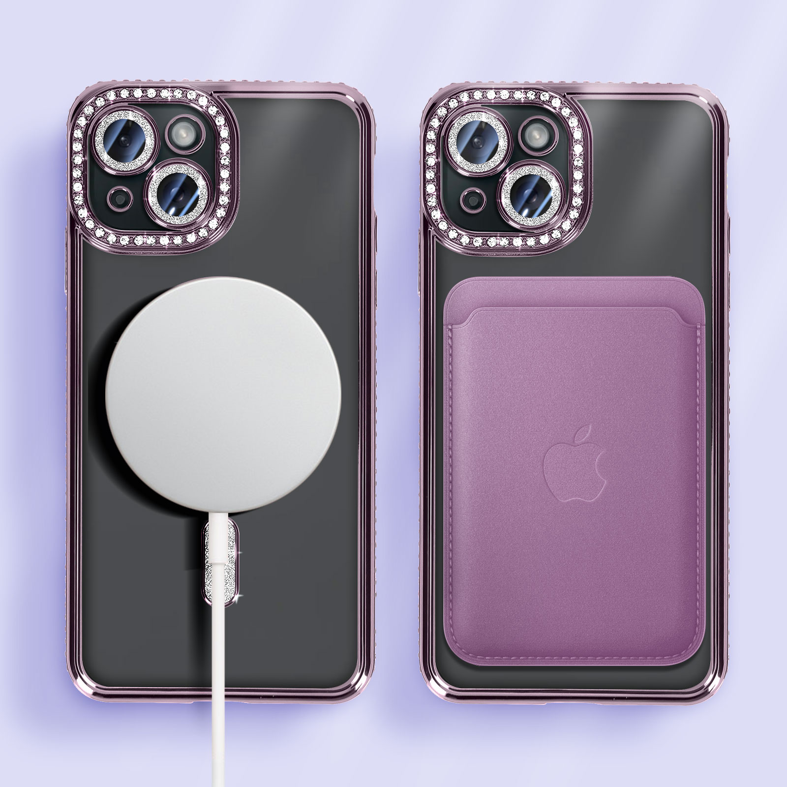 Custodie per telefono con gemme, una con un porta carte viola. Cavo bianco e sfondo viola.