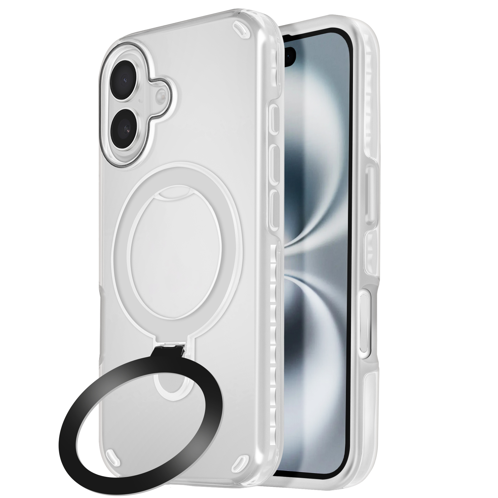 Una custodia trasparente con un anello nero e un telefono.