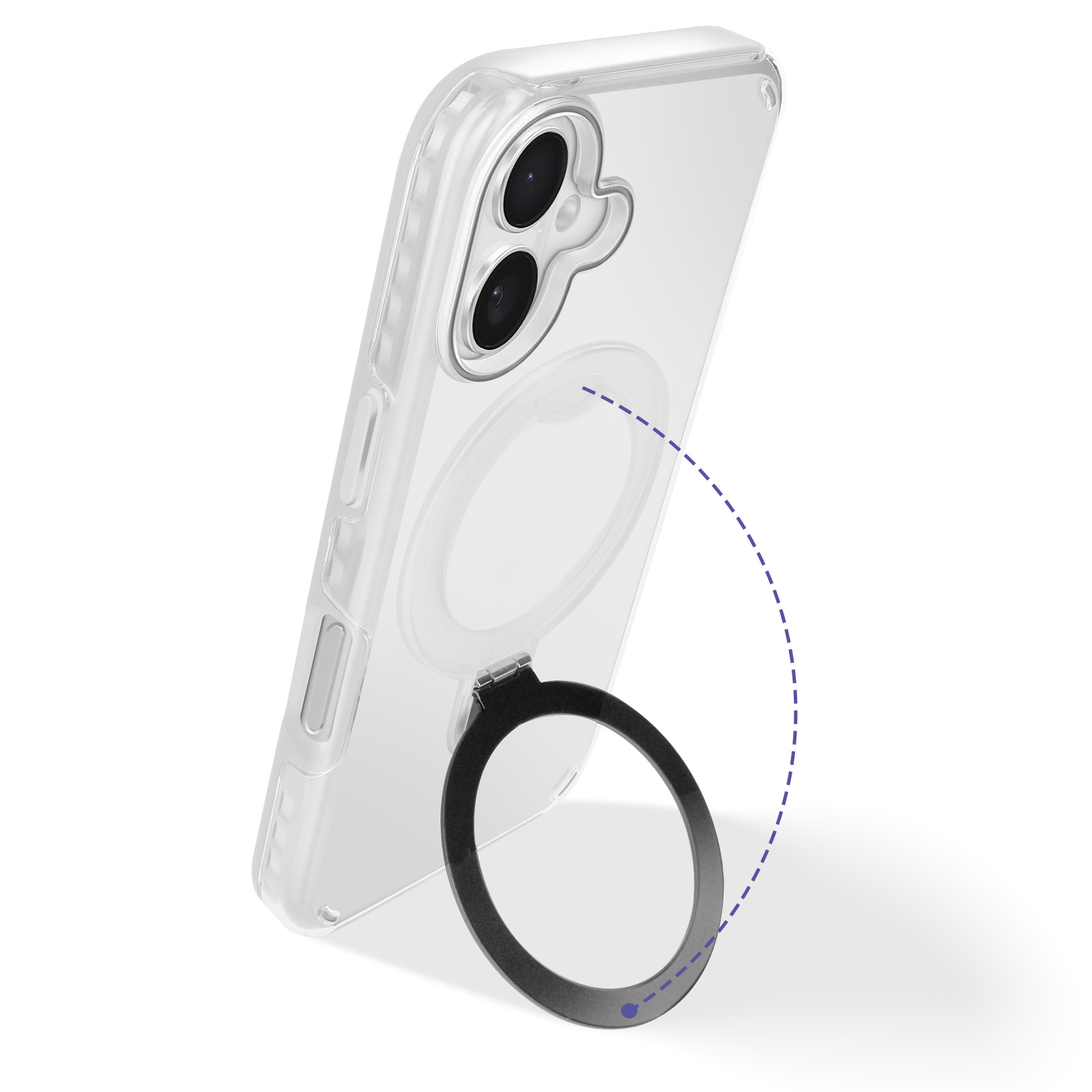 Una custodia trasparente con un anello nero e linee tratteggiate.