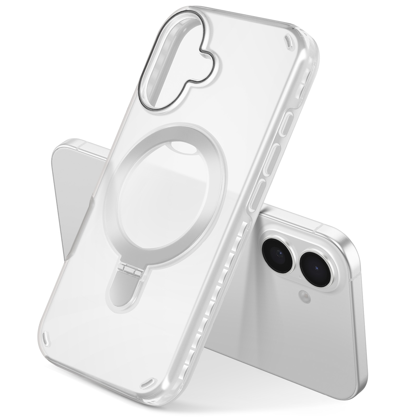 Una custodia trasparente per telefono in piedi con un telefono bianco dietro. Sfondo bianco.