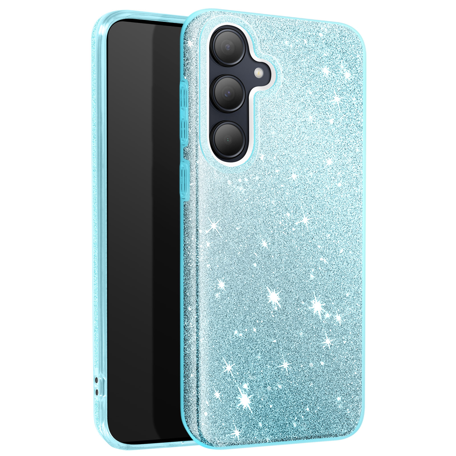 Custodia per telefono glitterata azzurra con lenti della fotocamera visibili. Sfondo bianco.