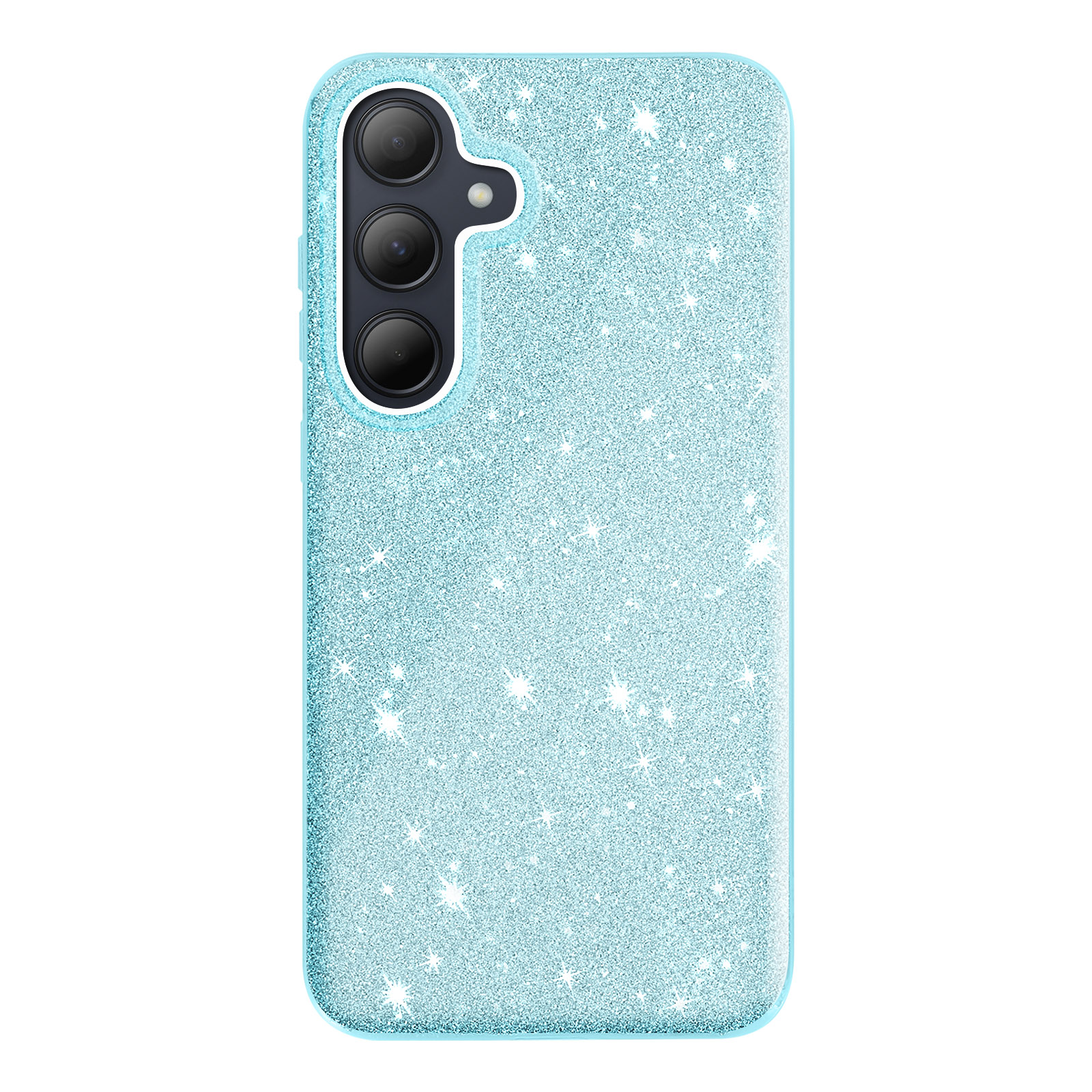 Custodia per telefono glitterata azzurra. Lenti della fotocamera visibili. Sfondo bianco.