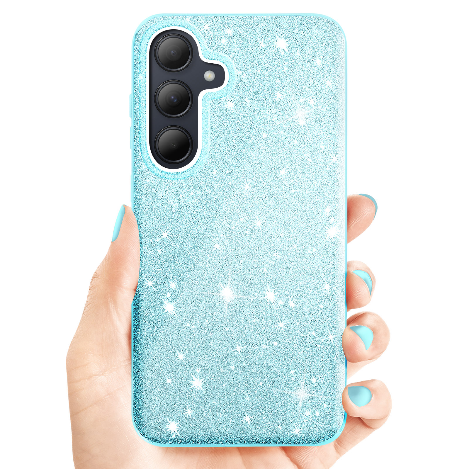 Una mano che tiene una custodia per telefono con glitter azzurri.