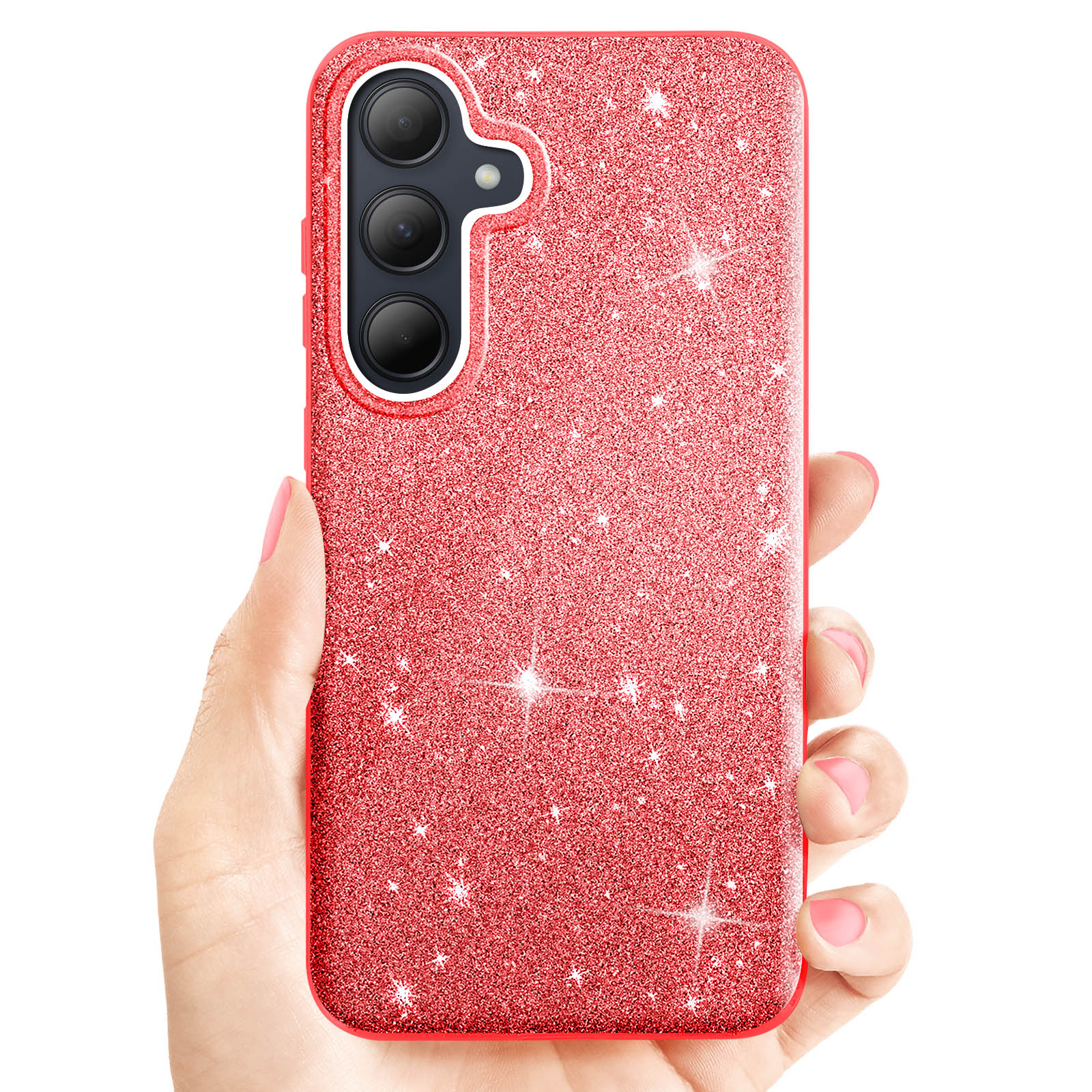 Mano che tiene una custodia per telefono rossa scintillante, fotocamera visibile.