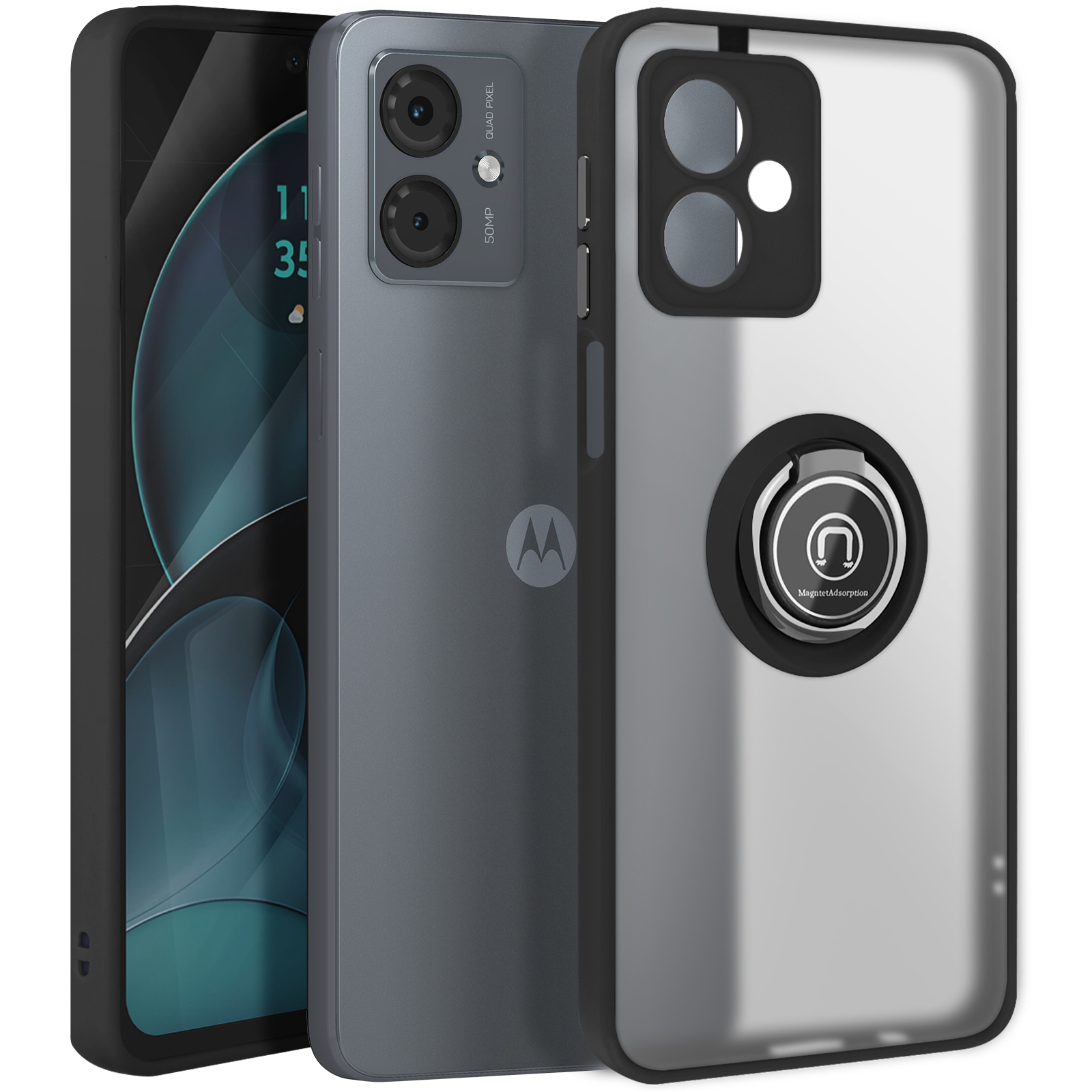 Smartphone mit Hülle. Ringhalter auf der Rückseite, grau und schwarz.