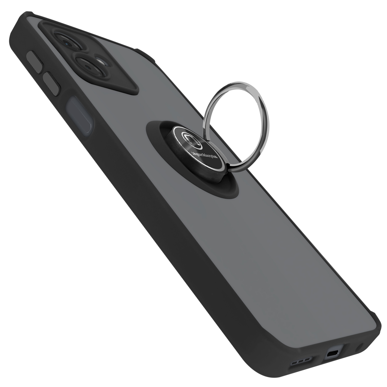 Schwarze Handyhülle mit silbernem Ringhalter. Das Telefon hat eine dunkelgraue Rückseite.