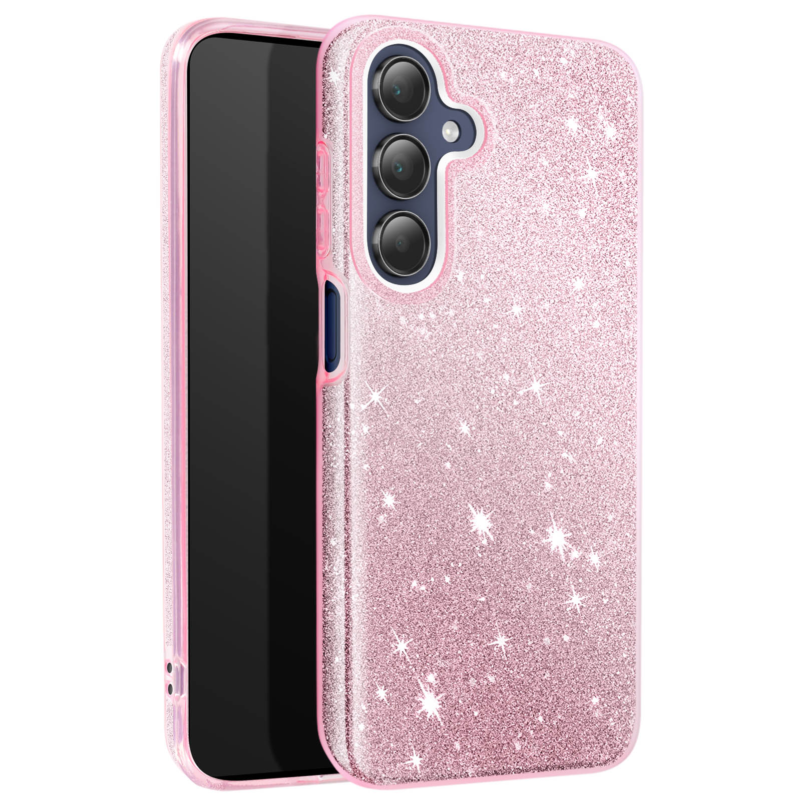 Custodia per telefono rosa glitterata con fotocamera a tripla lente. Motivo a stella.