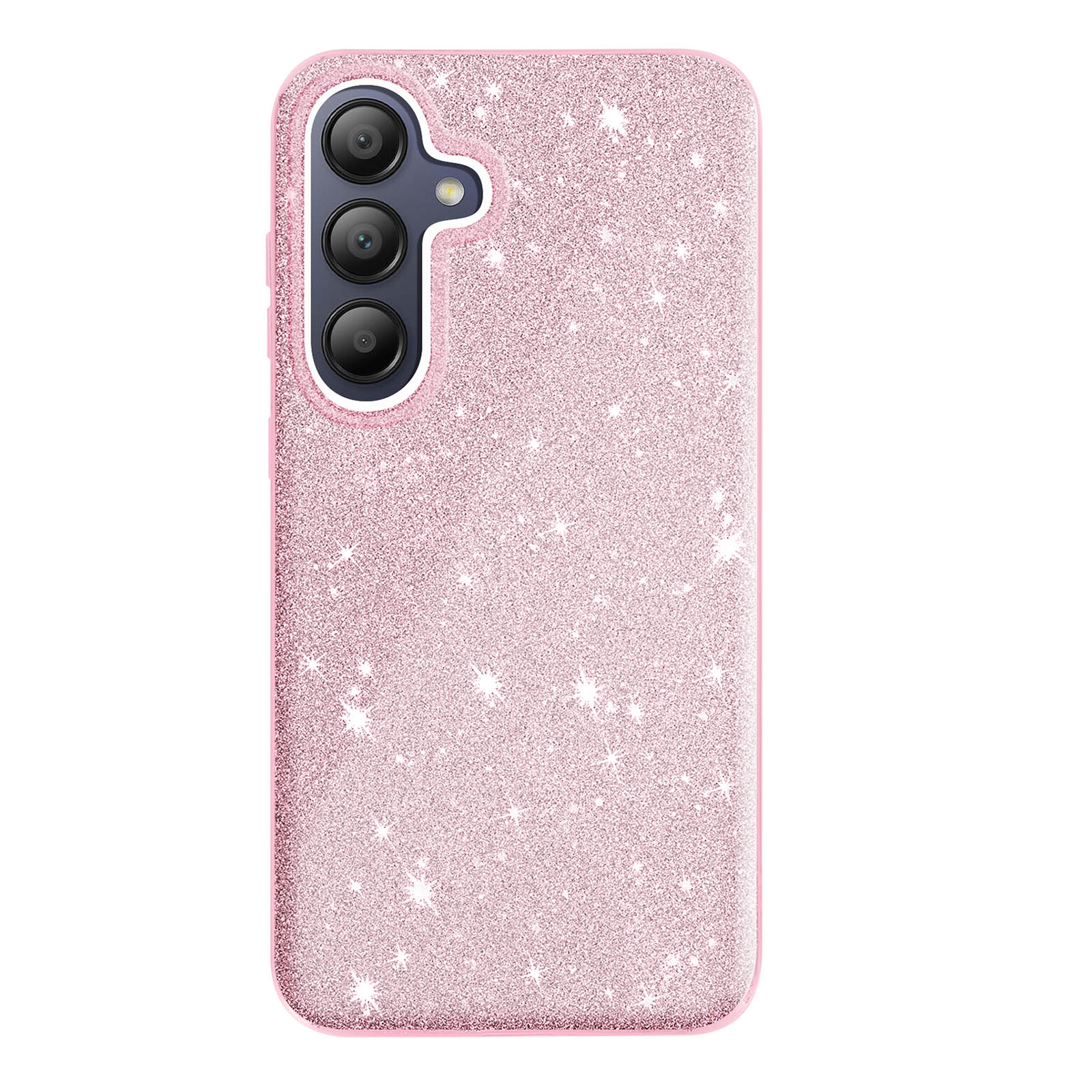 Custodia rosa glitterata con tre fotocamere e brillantini a forma di stella sul retro.