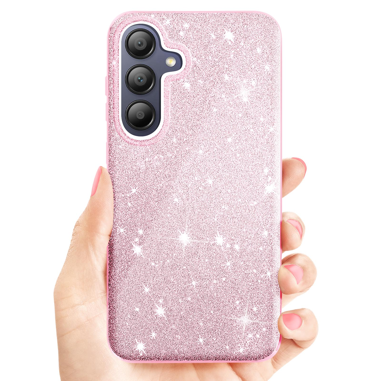 Una mano che tiene una custodia per telefono rosa glitterata. La custodia ha una fotocamera a tripla lente.