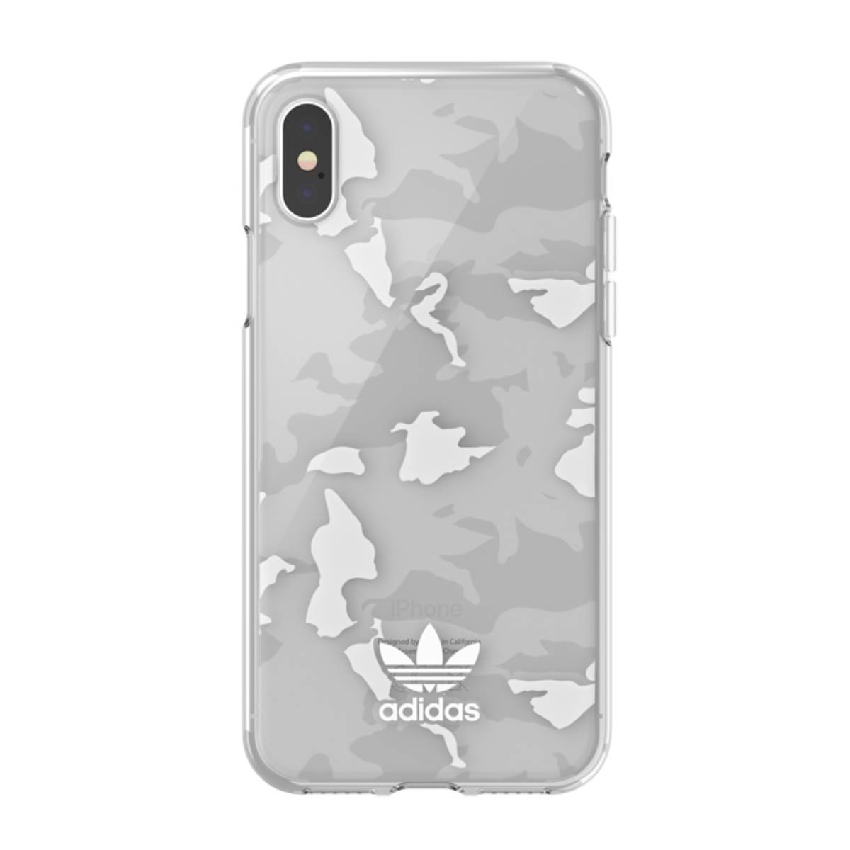 Funda de teléfono con patrón de camuflaje blanco, logo Adidas abajo. Fondo transparente.