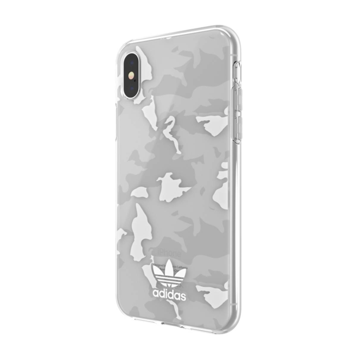 Funda transparente con logotipo de Adidas. Patrón de camuflaje con formas blancas.