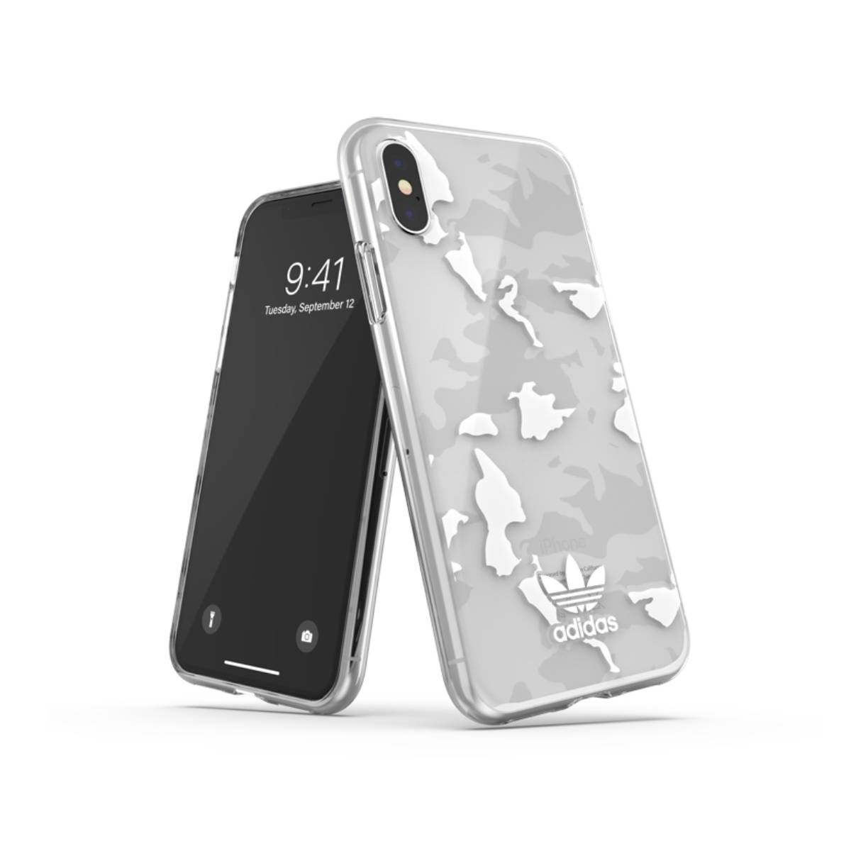 Dos teléfonos con una funda transparente, uno apoyado en el otro. El logotipo de Adidas es visible.