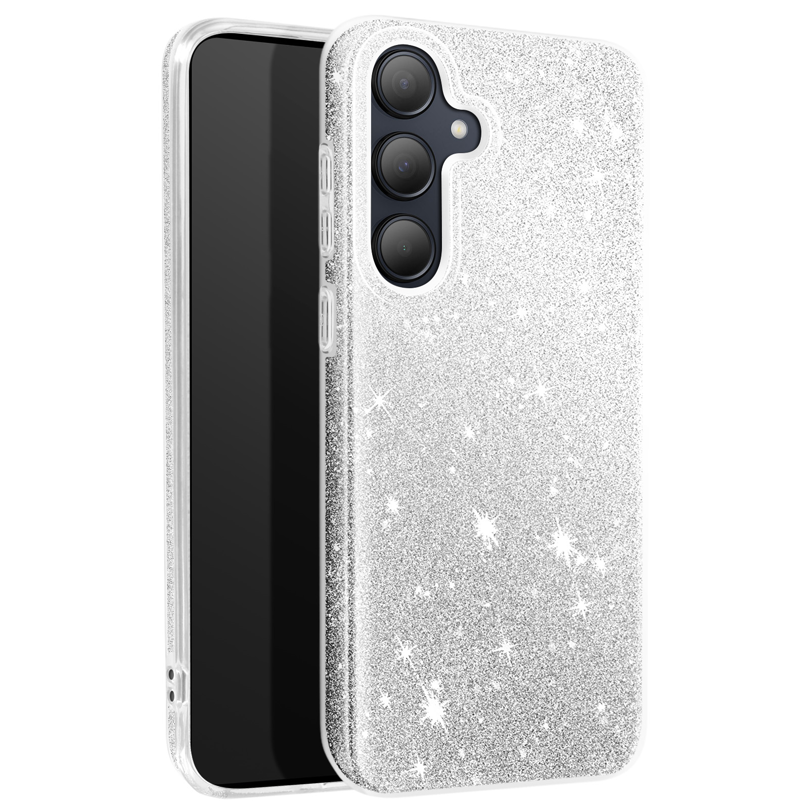 Custodia argento glitterata con tre fotocamere e brillantini sul retro. Bordi trasparenti.