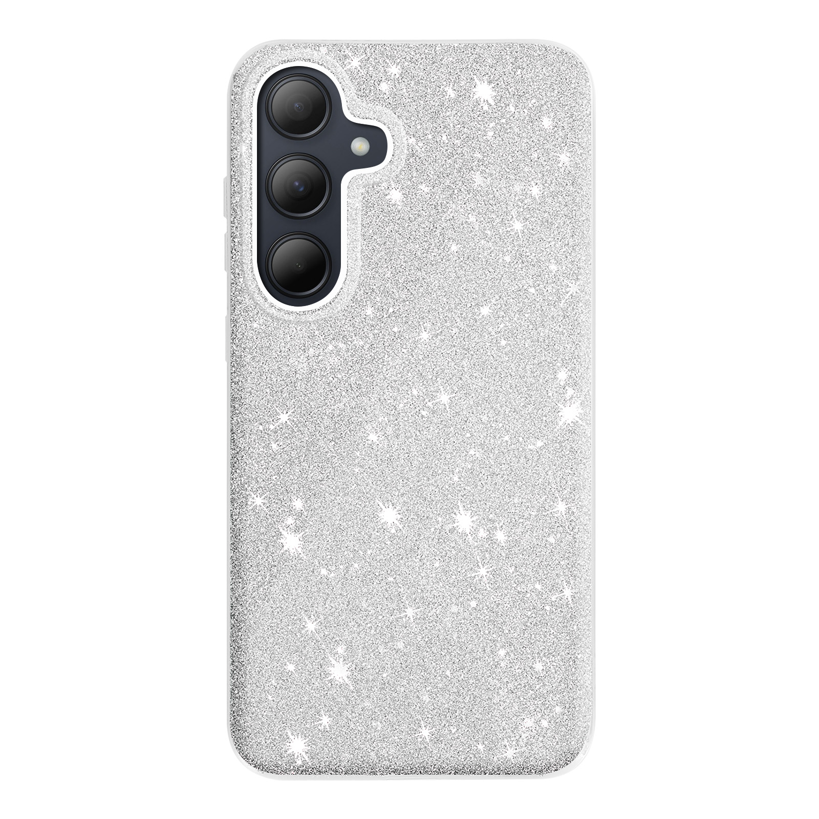 Custodia per telefono argentata glitterata con fotocamera a tripla lente. Motivo a stella.