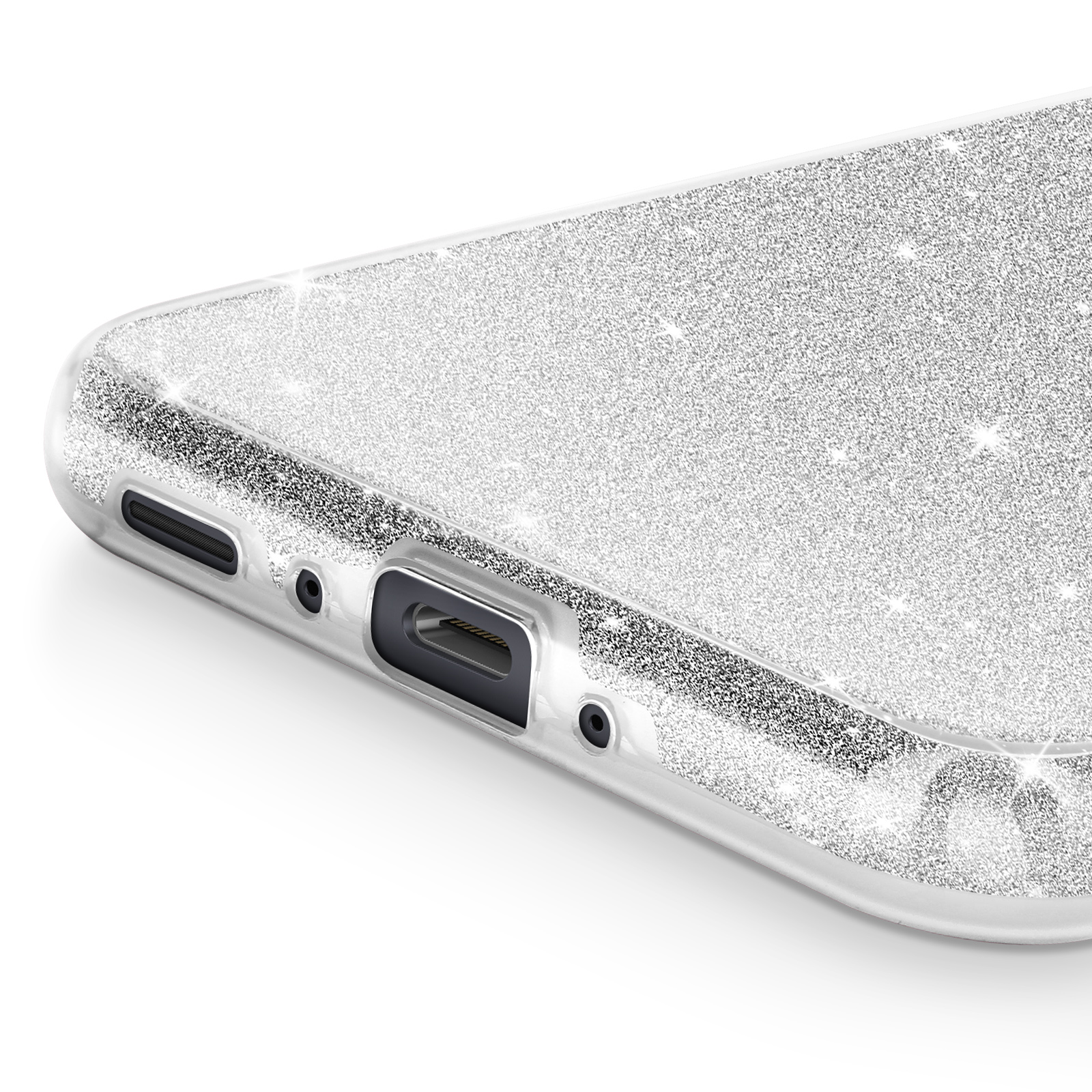 Primo piano di una custodia per telefono con glitter. Mostra la porta di ricarica e i bordi.