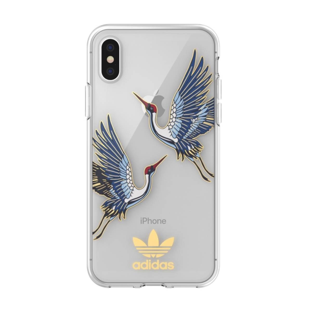 Funda transparente con logotipo de Adidas y grullas. Las grullas son azules y blancas.