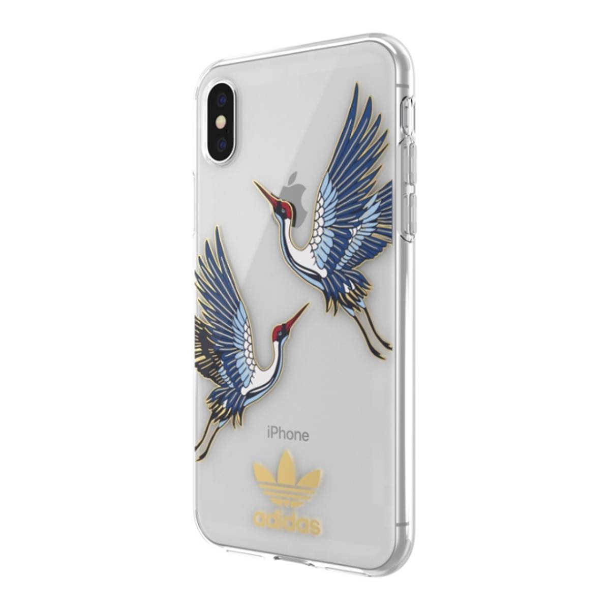 Una funda transparente con dos ilustraciones de grullas y un logo de Adidas.