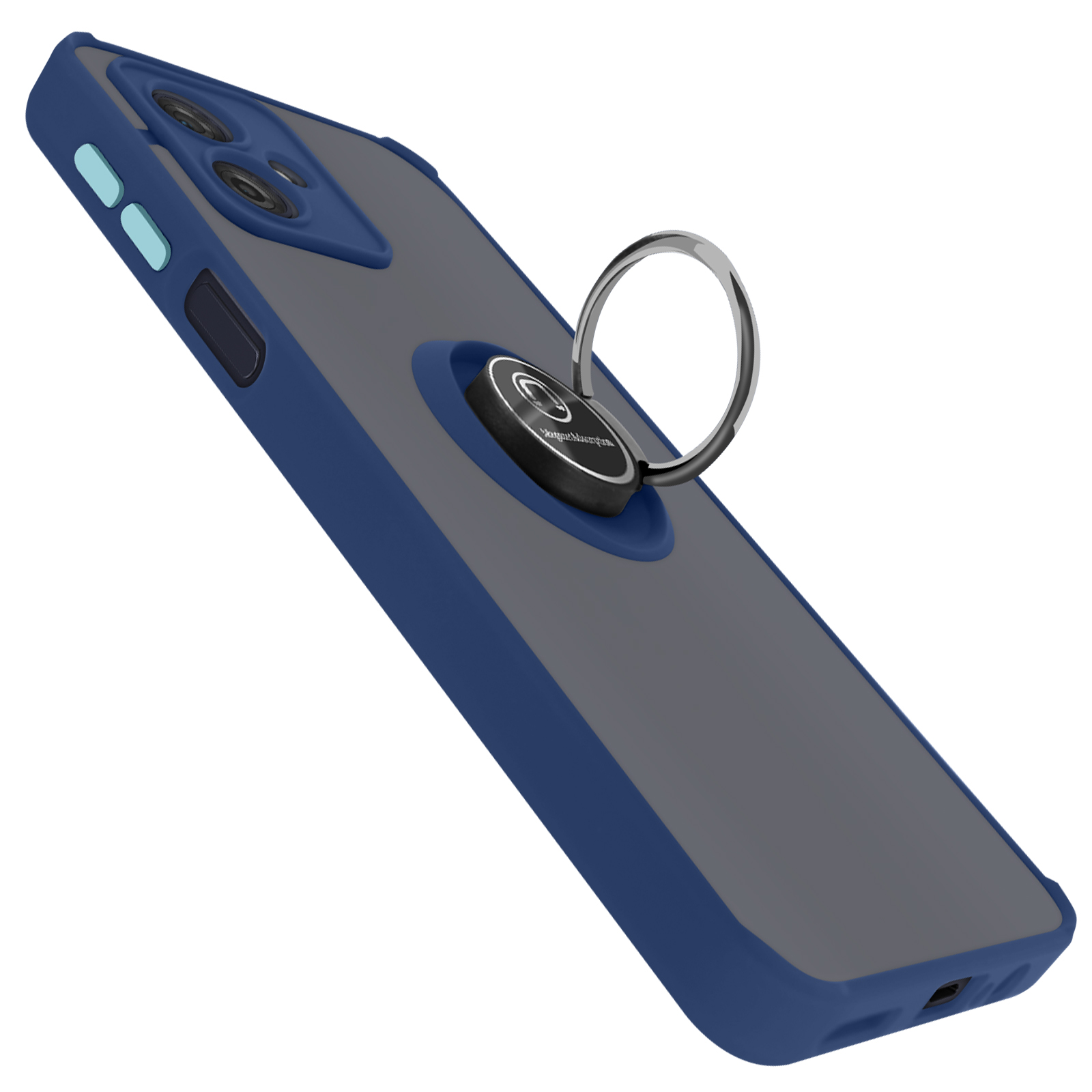 Custodia blu per telefono con un supporto ad anello argentato. Il telefono ha un retro grigio scuro.