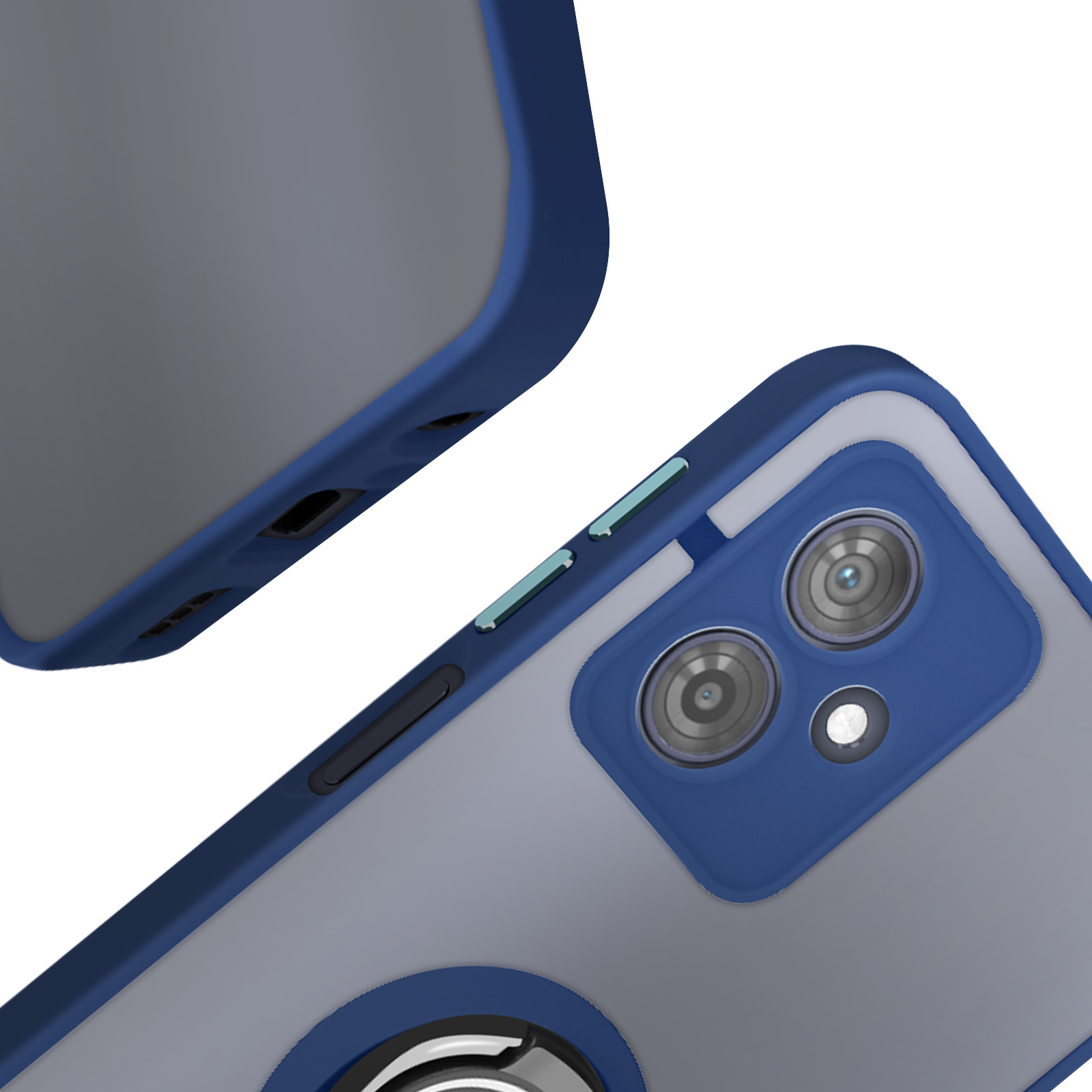 Primo piano del retro di un telefono con cornice blu e due lenti della fotocamera.