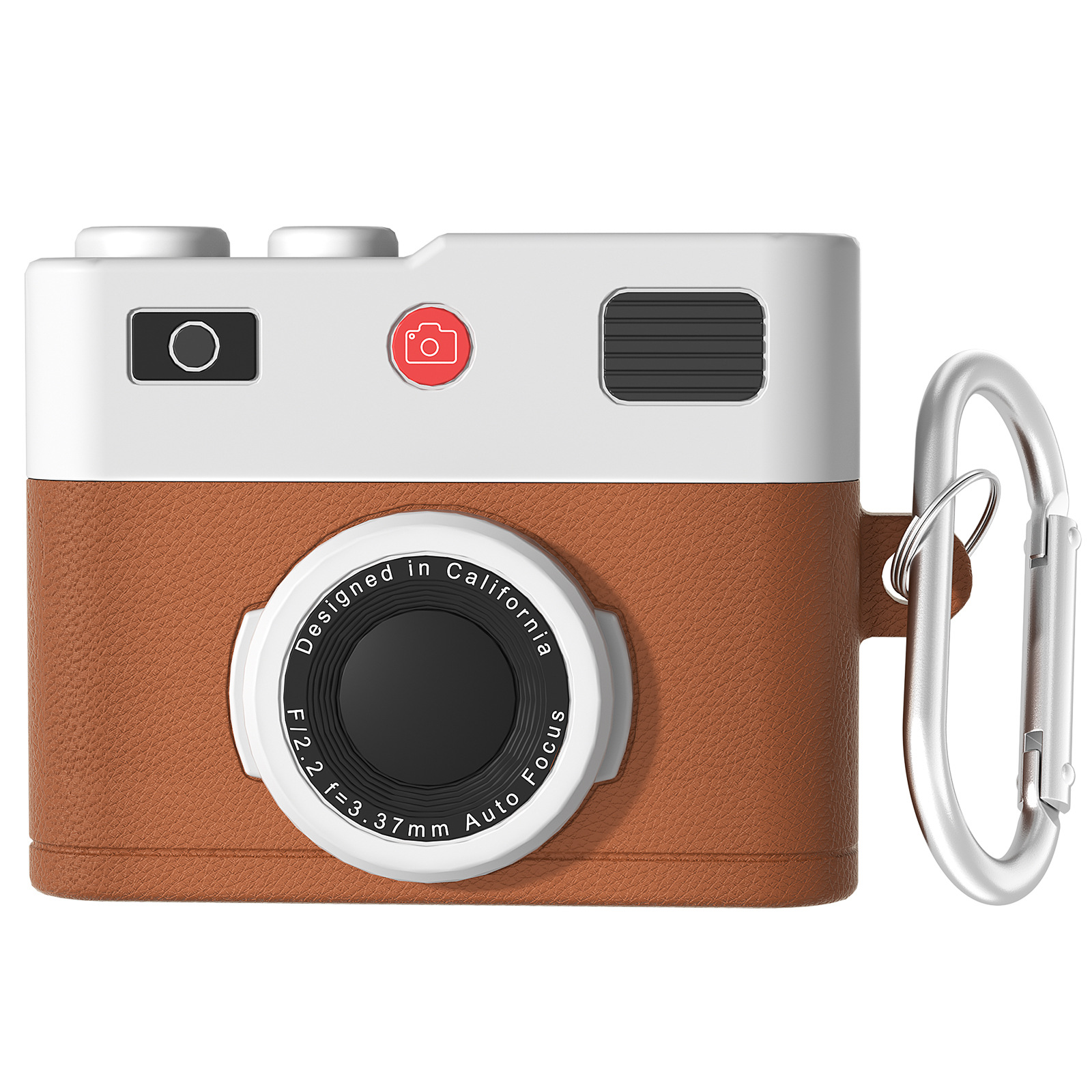 Custodia a forma di fotocamera con parte anteriore marrone, parte superiore bianca e moschettone argentato. Bottone rosso.