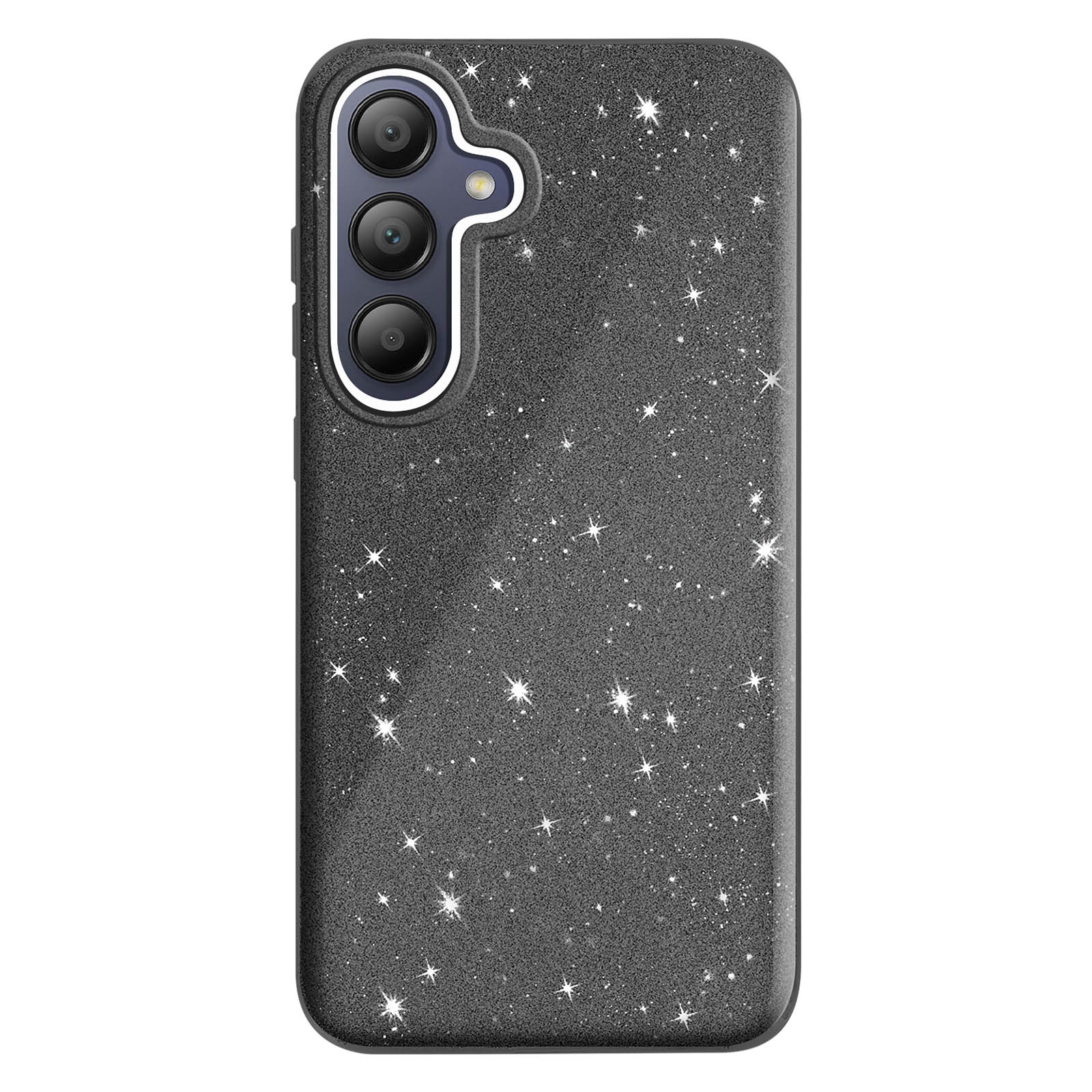 Una custodia per telefono ricoperta di glitter, con tre lenti della fotocamera, tenuta in mano.