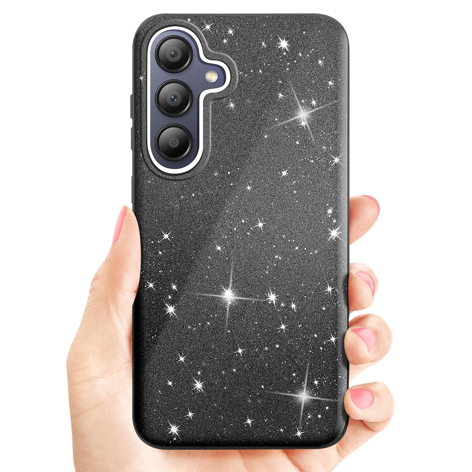 Una mano che tiene una custodia nera glitterata con tre lenti della fotocamera.