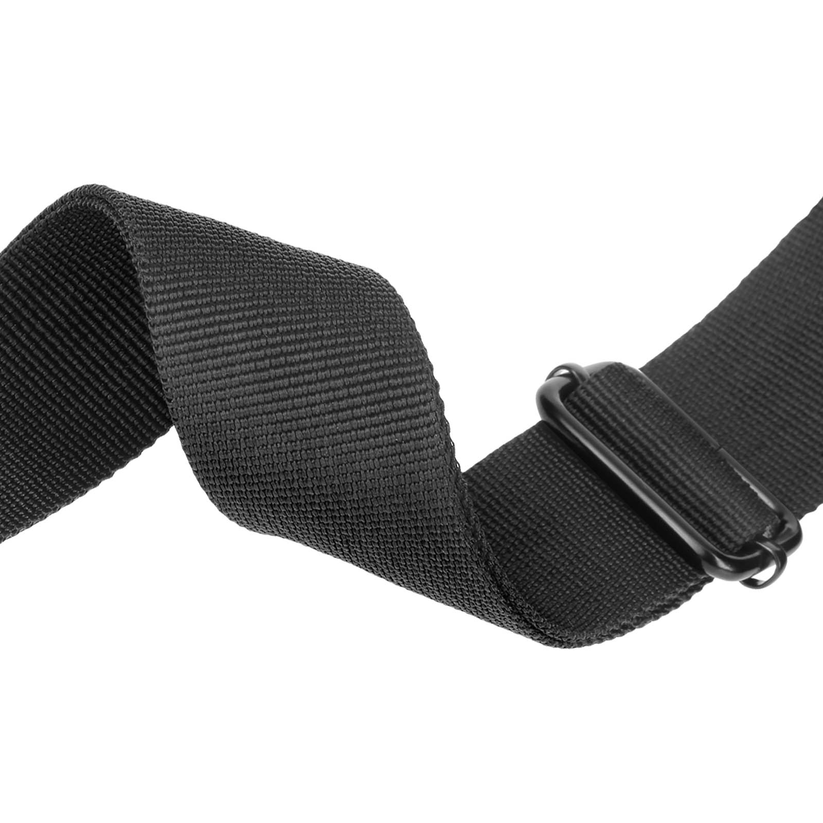 Cinturino nero con fibbia nera. Il cinturino sembra essere realizzato in un materiale tessuto resistente.