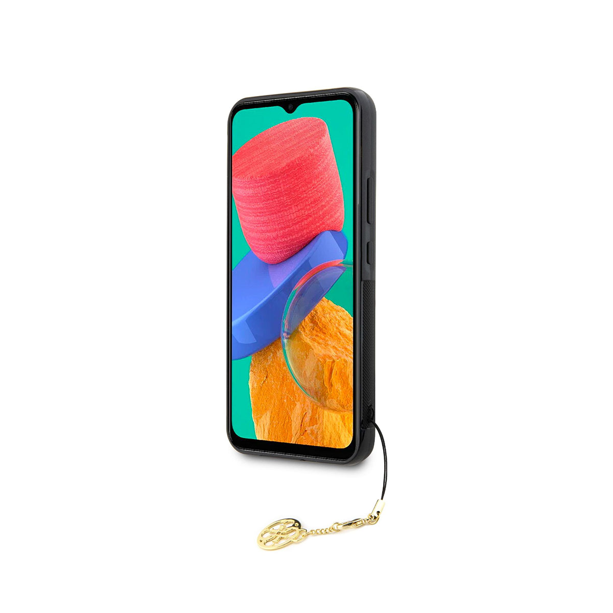 Telefono con arte astratta colorata sullo schermo, all'interno di una custodia nera con ciondolo dorato.