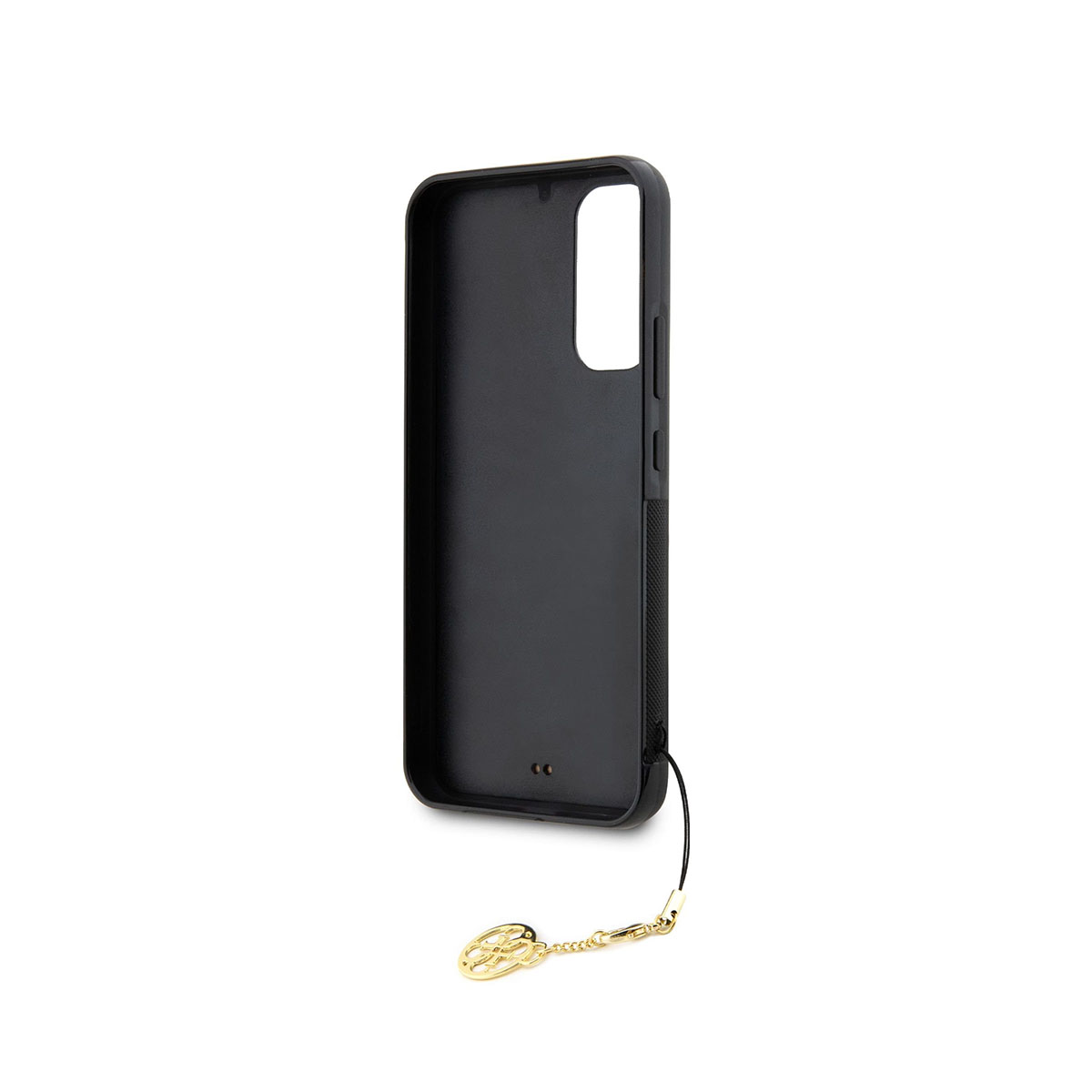 Custodia per telefono nera con un ciondolo dorato. Interno nero e ritaglio per la fotocamera.