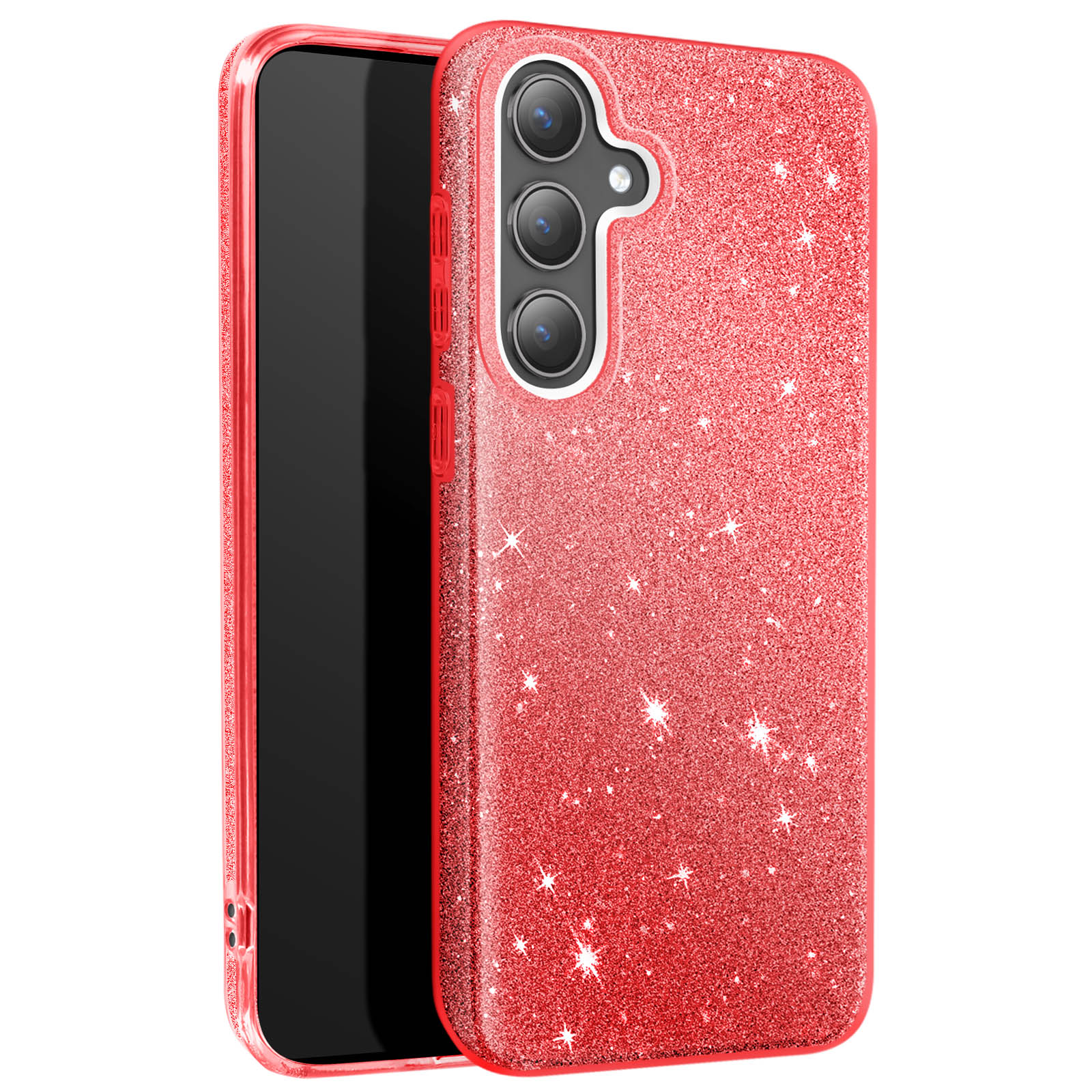 Custodia per telefono rossa glitterata con schermo nero. Ha tre fotocamere. Lo sfondo è bianco.