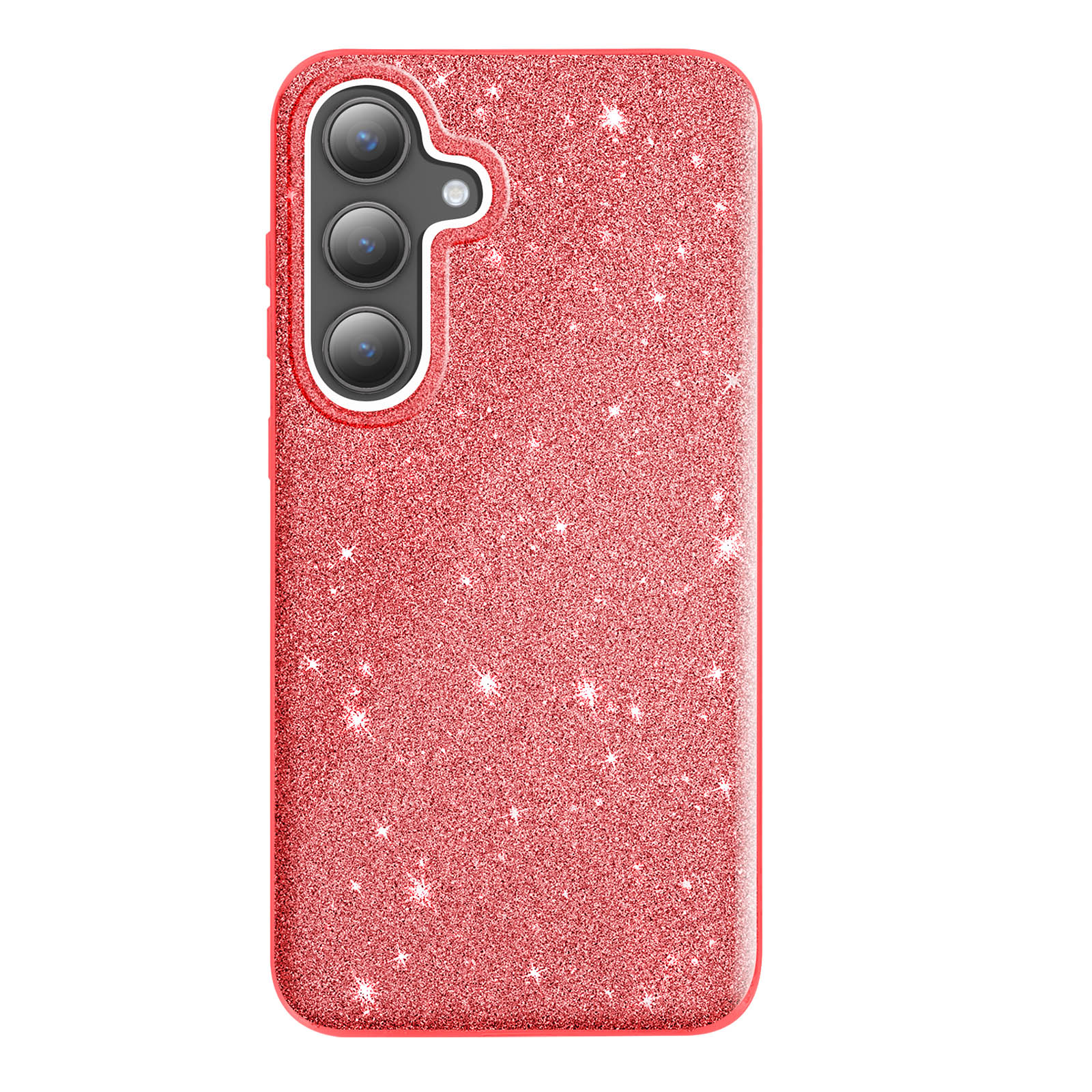 Custodia per telefono rossa con glitter e tre lenti della fotocamera. La custodia ha una cornice rossa.
