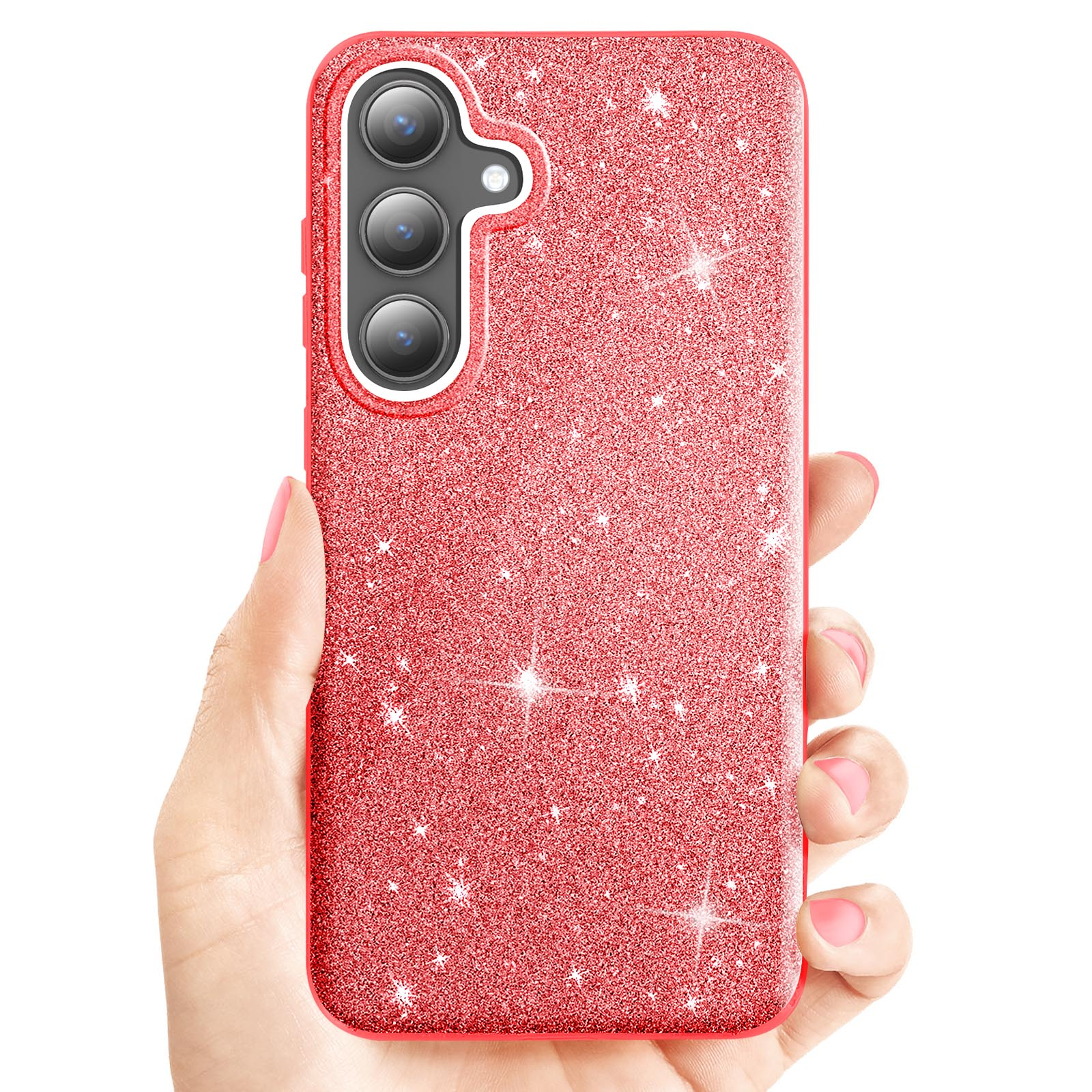 Mano che tiene una custodia per telefono rossa con glitter e tre lenti della fotocamera. Cornice rossa.