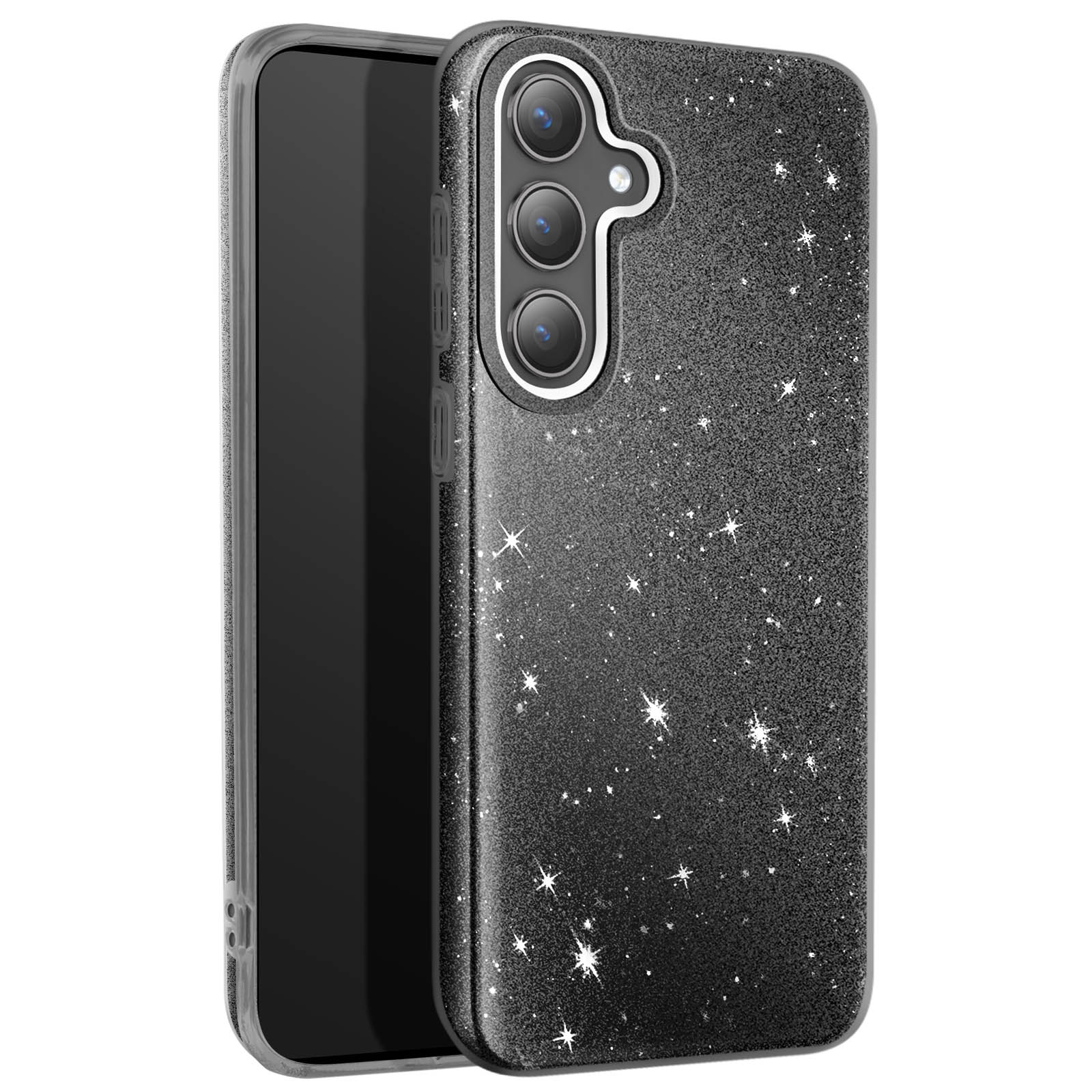 Custodia per telefono nera glitterata con tre fotocamere e schermo nero. Stelle bianche visibili. Sfondo bianco.