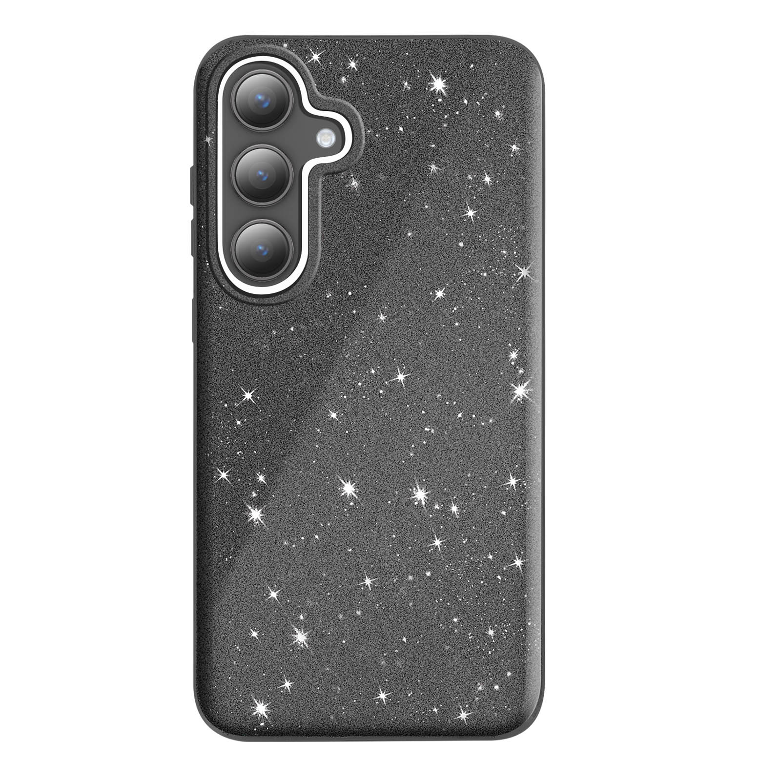 Una custodia per telefono nera glitterata con tre fotocamere. Sono visibili stelle bianche. Sfondo bianco.